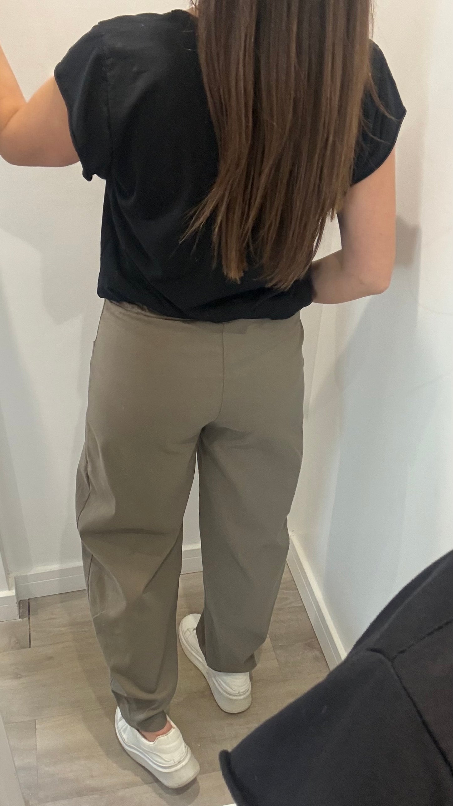 KHAKI BUTTON BARREL TROUSERS WITH EXPOSED POCKETS