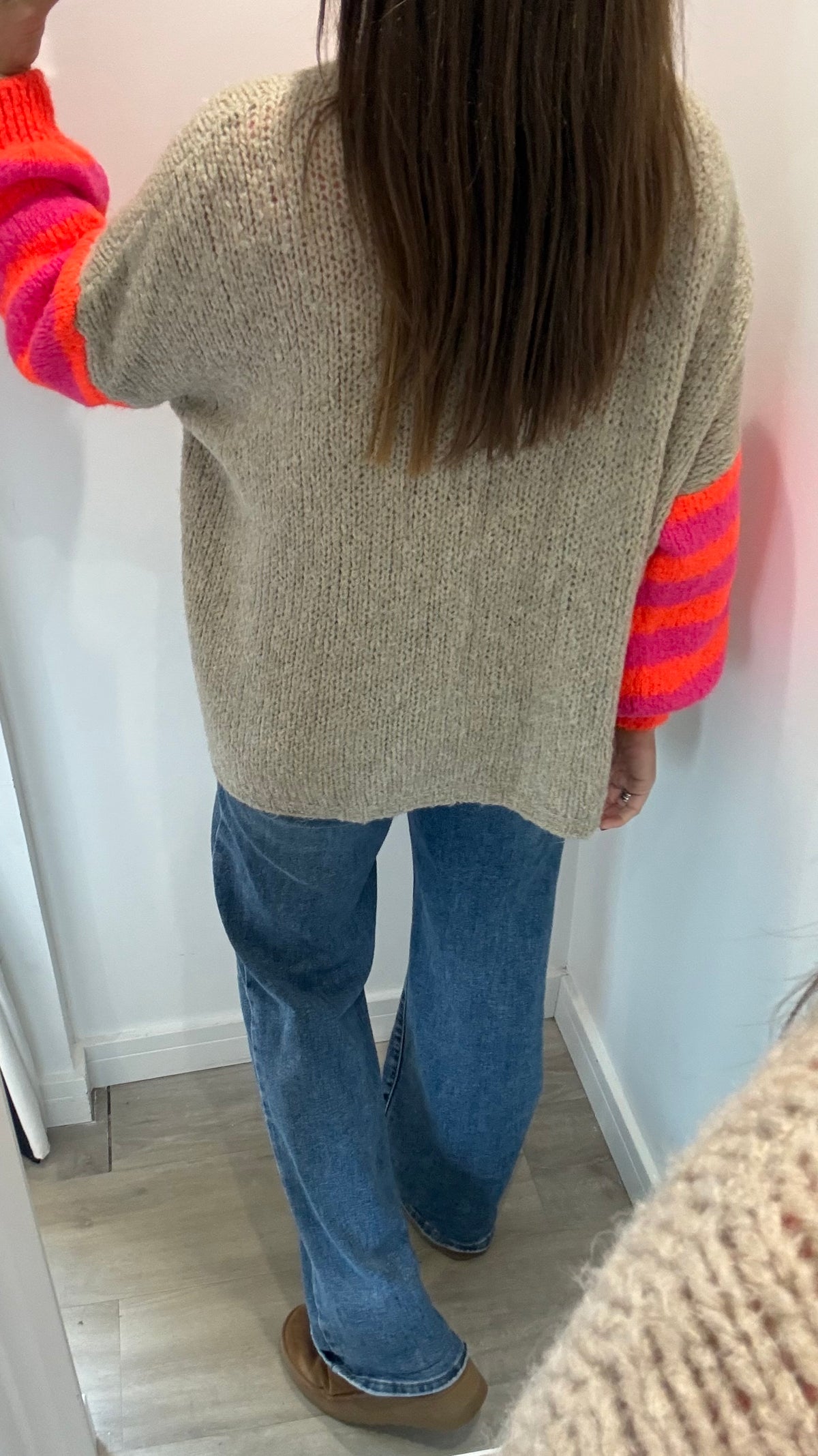 MOCHA CARDIGAN WITH NEON PINK & ORANGE STRIPE SLEEVES