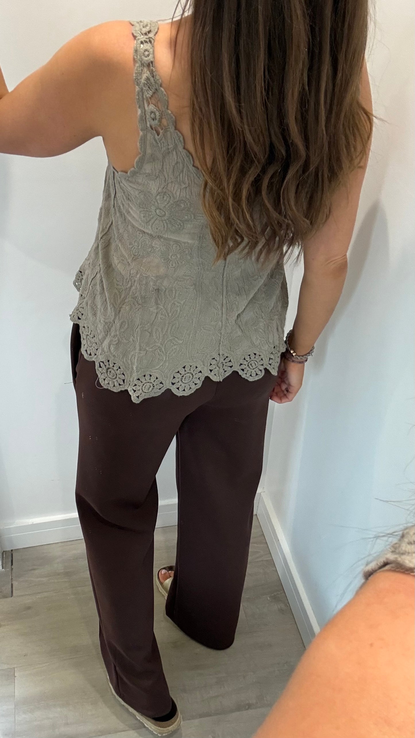 MOCHA CROCHET DETAIL LONG LINE TOP