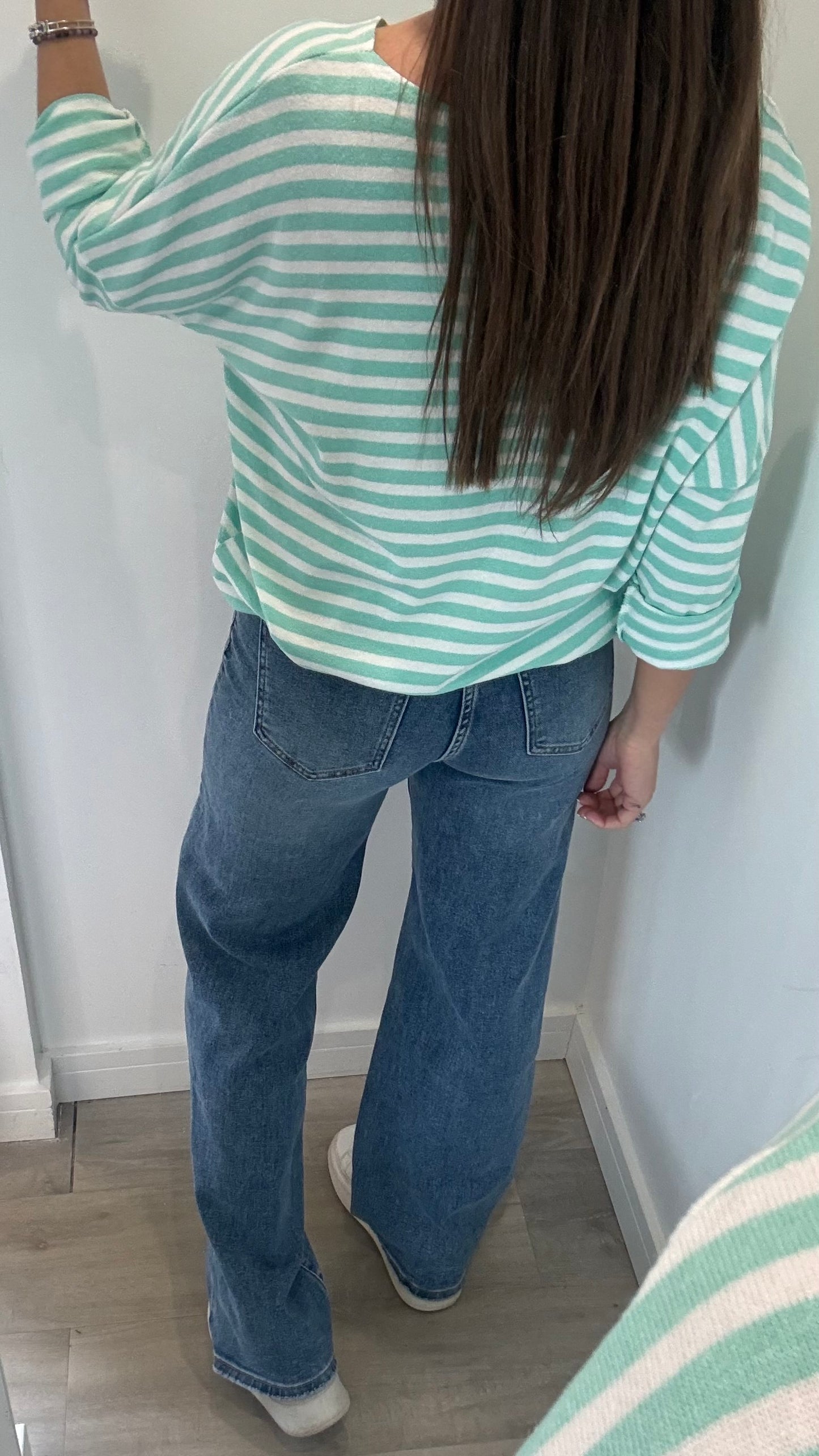 MINT & WHITE STRIPE ROLL SLEEVE TOP