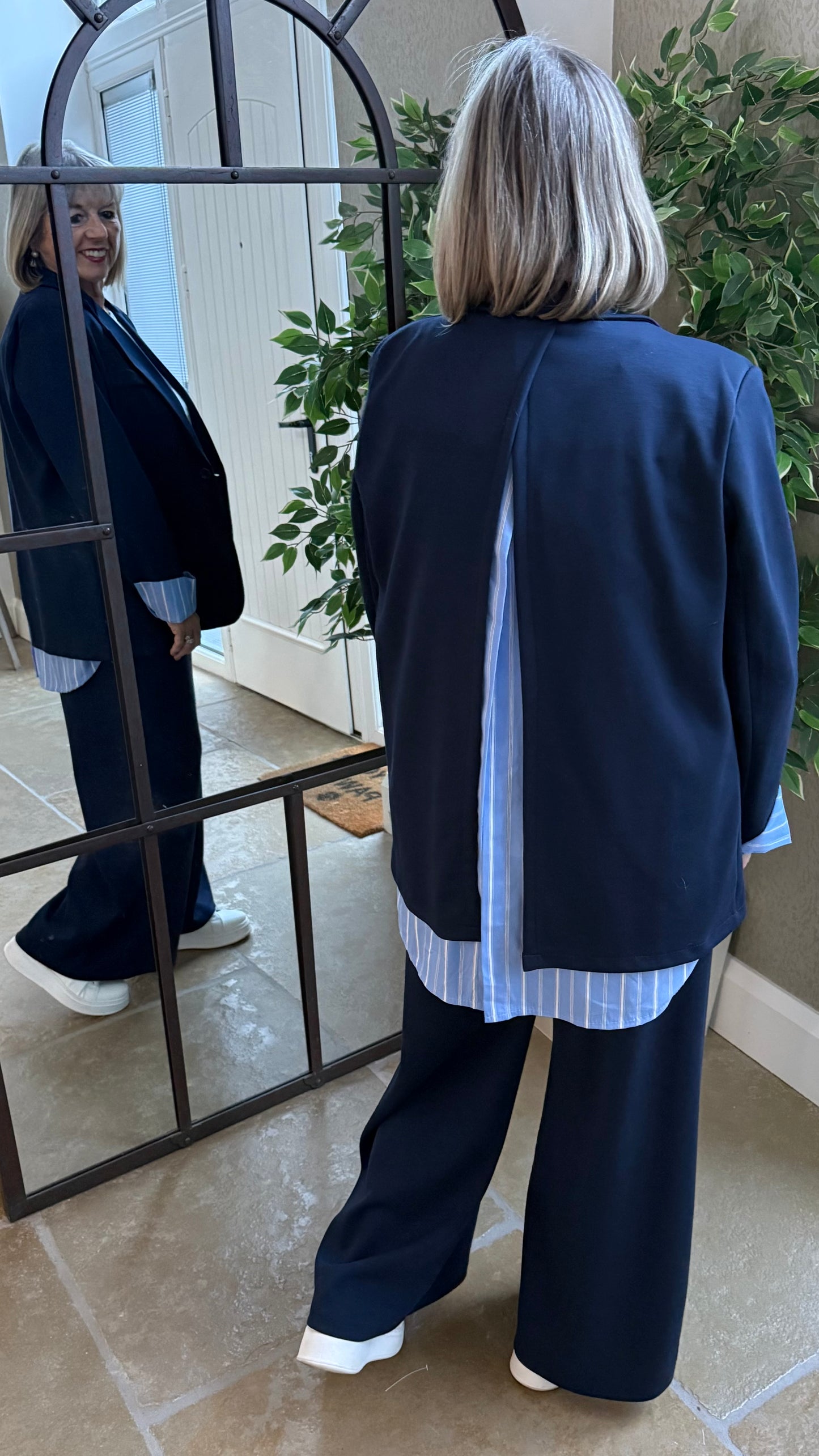 NAVY WIDE LEG TROUSER & STRIPE WAISTBAND BLAZER SET