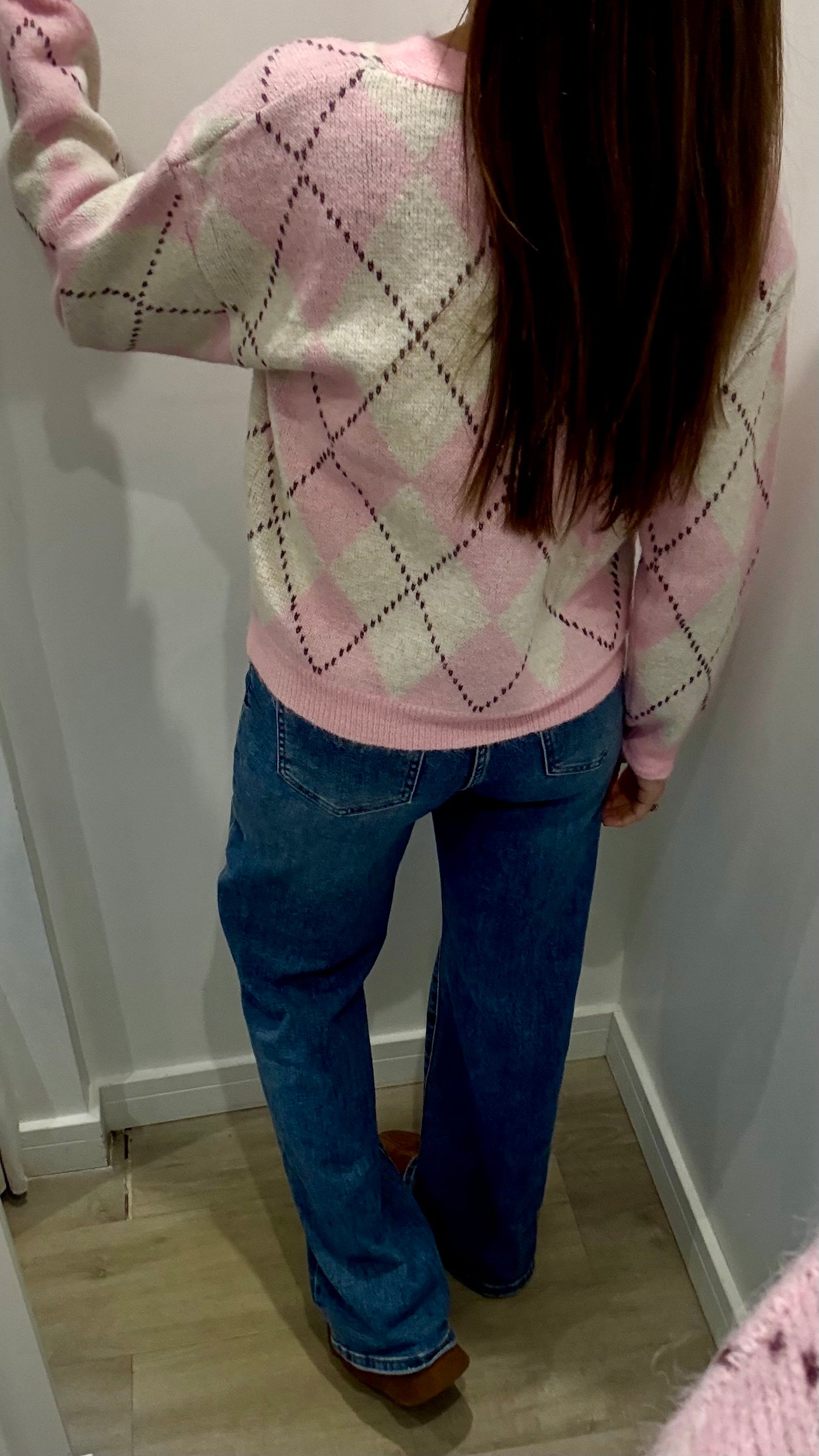 PINK AND CREAM ARGYLE CARDIGAN WITH GOLD BUTTONS