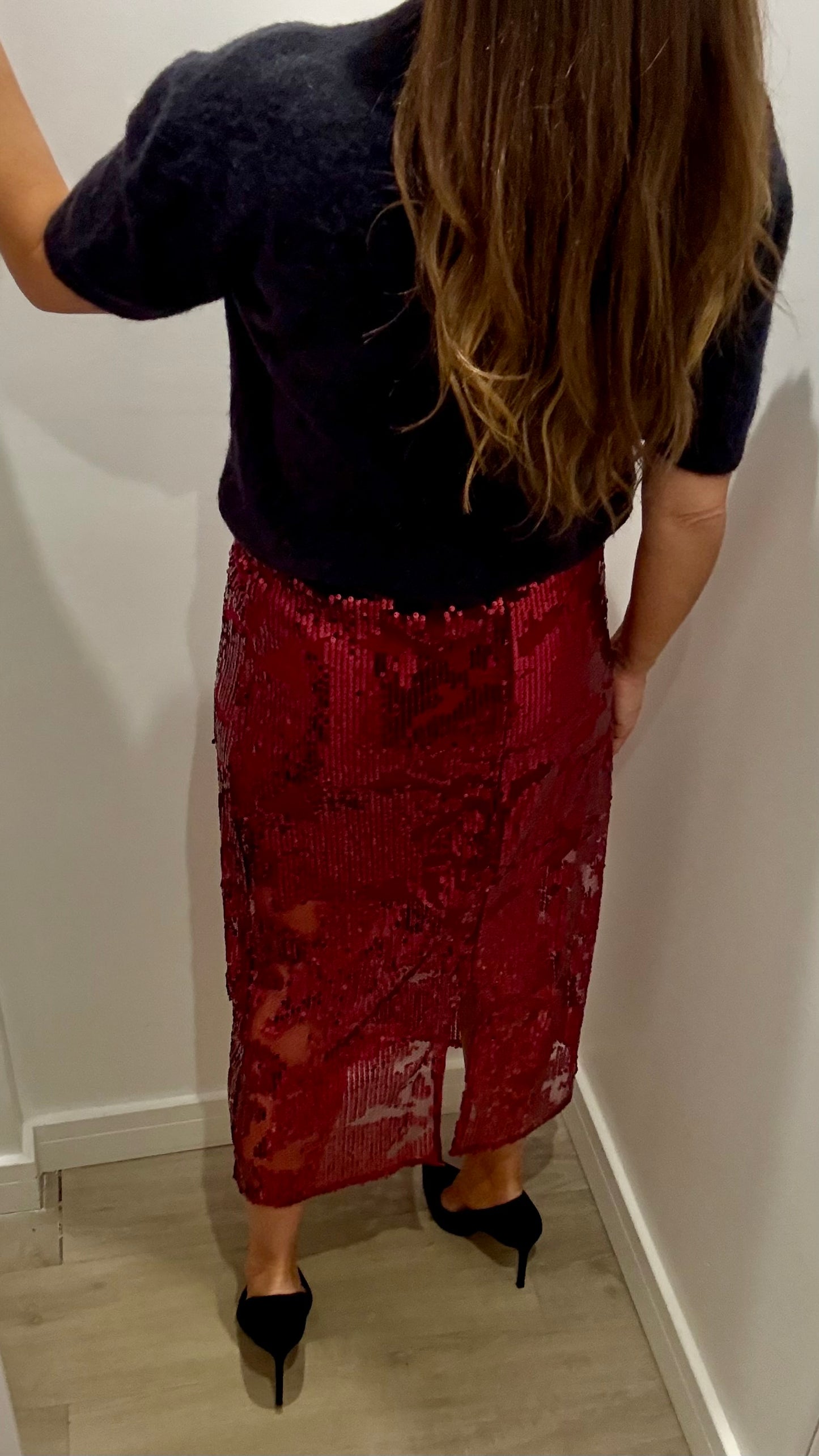 RED SEQUIN MIDI SKIRT