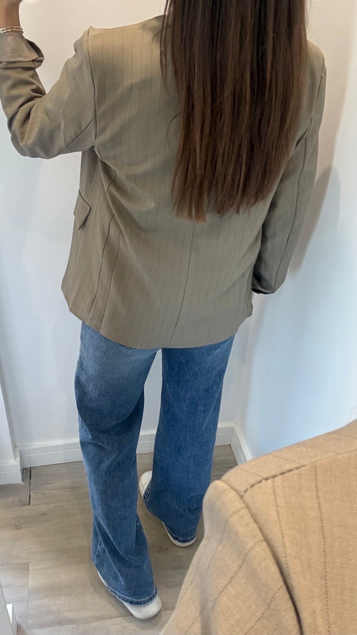 TAUPE PINSTRIPE ASYMMETRIC BLAZER