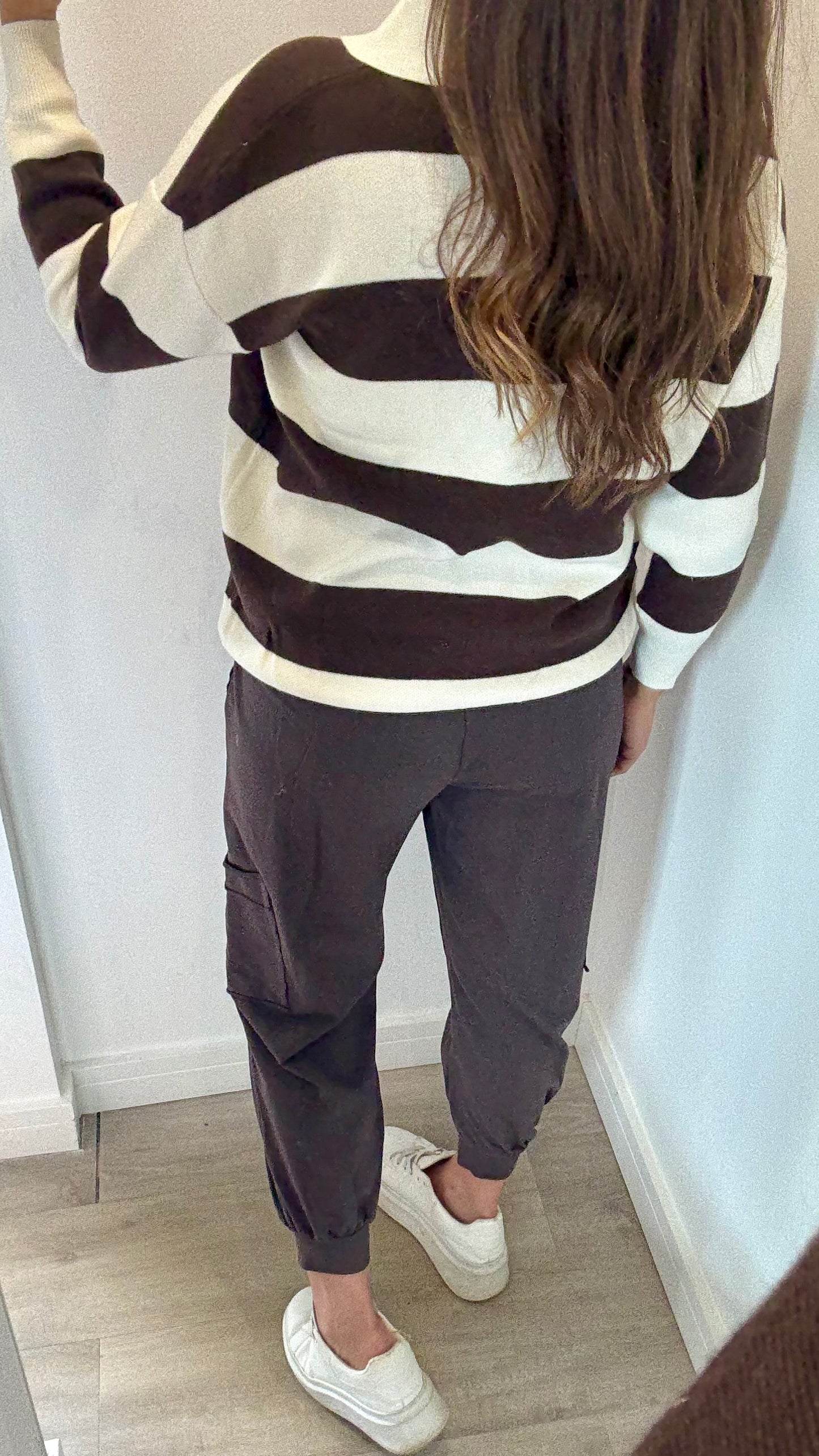CREAM & BROWN BROOKLYN SLOGAN STRIPE JUMPER - RUGBY STRIPE