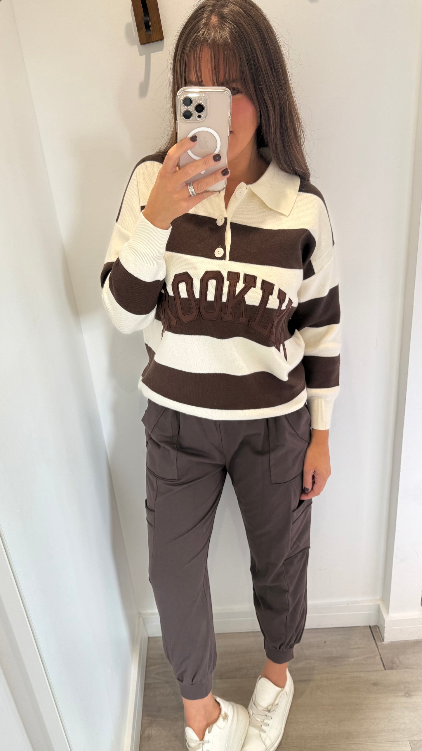 CREAM & BROWN BROOKLYN SLOGAN STRIPE JUMPER - RUGBY STRIPE