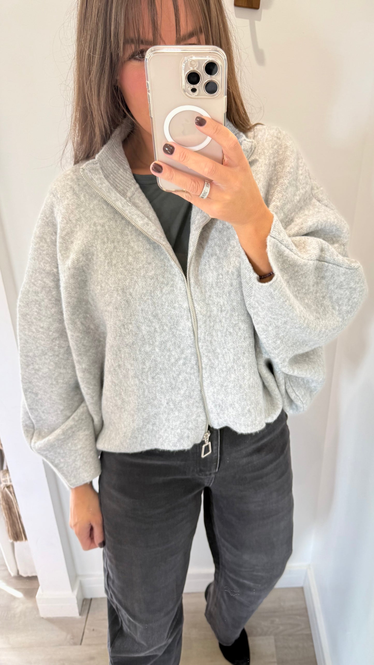 ZIP THROUGH GREY JUMPER/CARDIGAN - BATWING SLEEVE