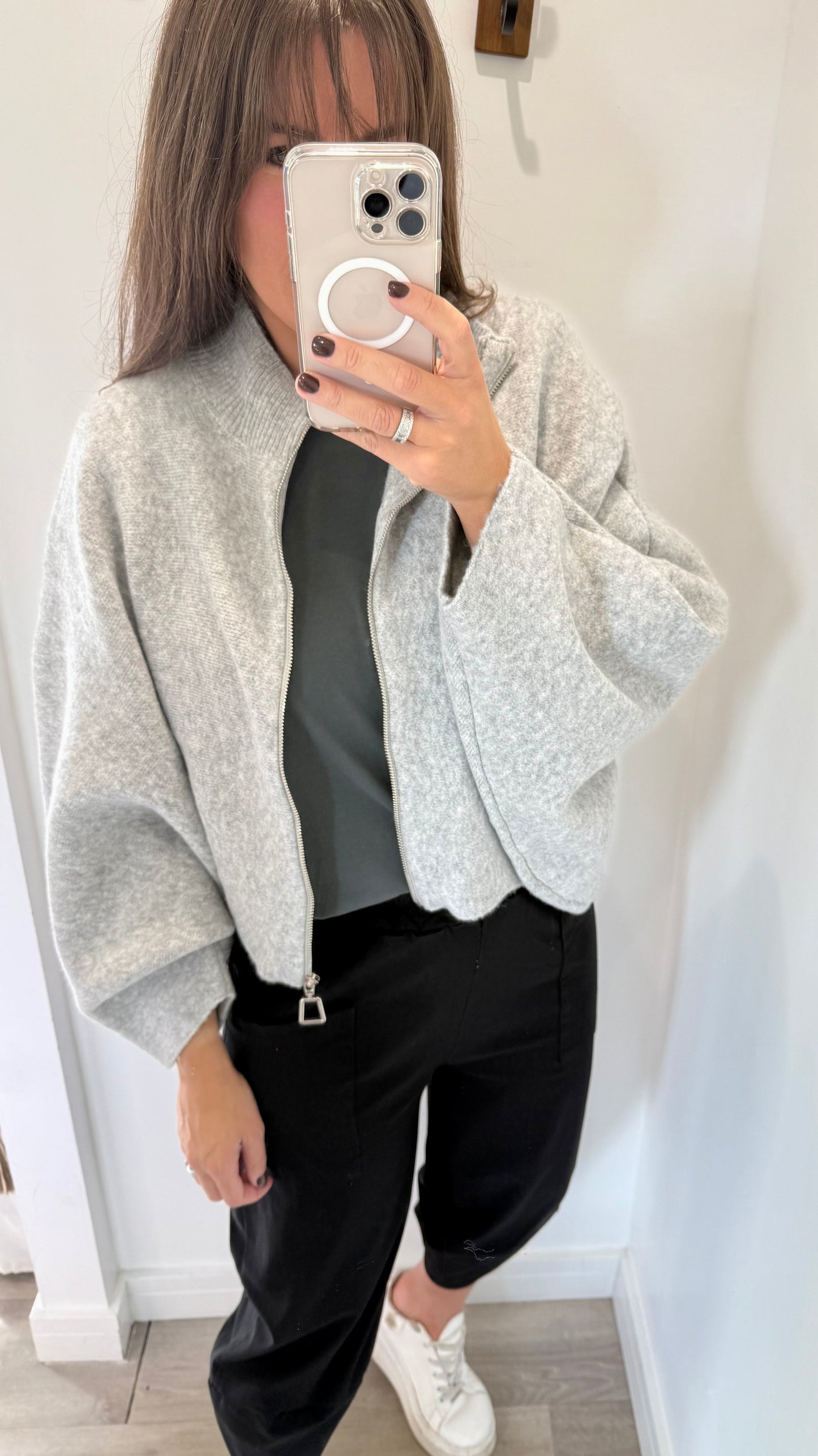 ZIP THROUGH GREY JUMPER/CARDIGAN - BATWING SLEEVE