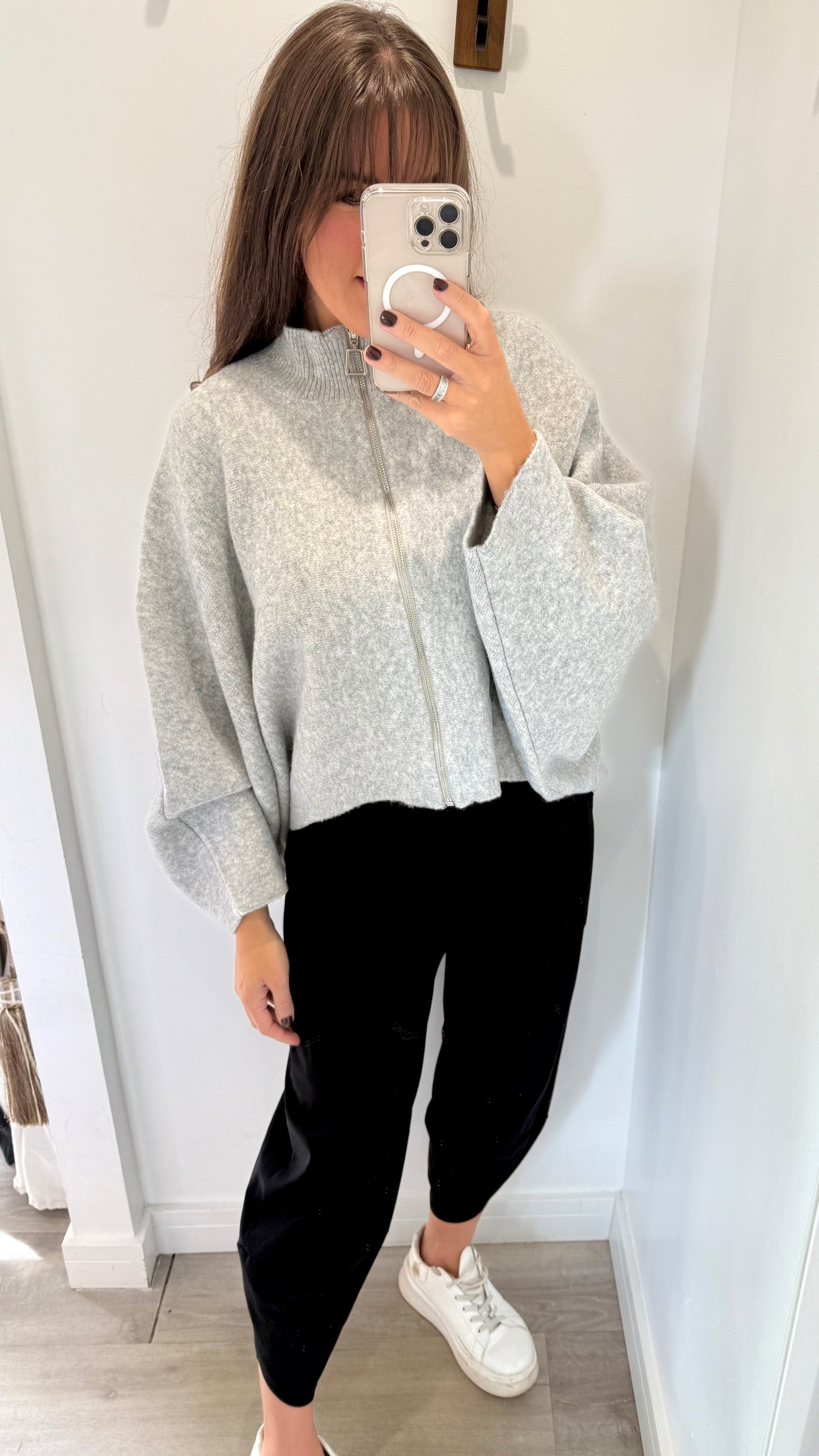 ZIP THROUGH GREY JUMPER/CARDIGAN - BATWING SLEEVE