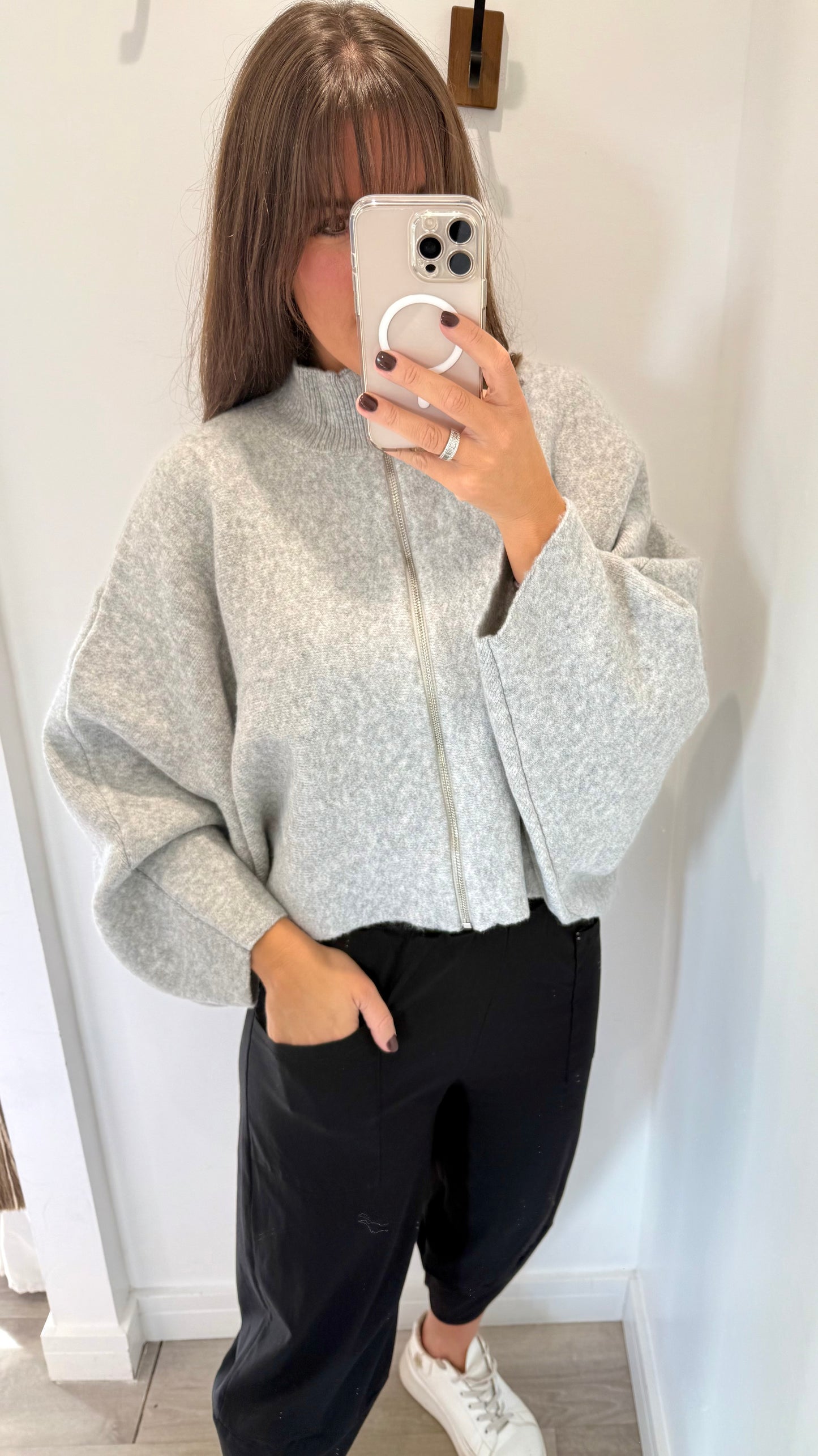 ZIP THROUGH GREY JUMPER/CARDIGAN - BATWING SLEEVE