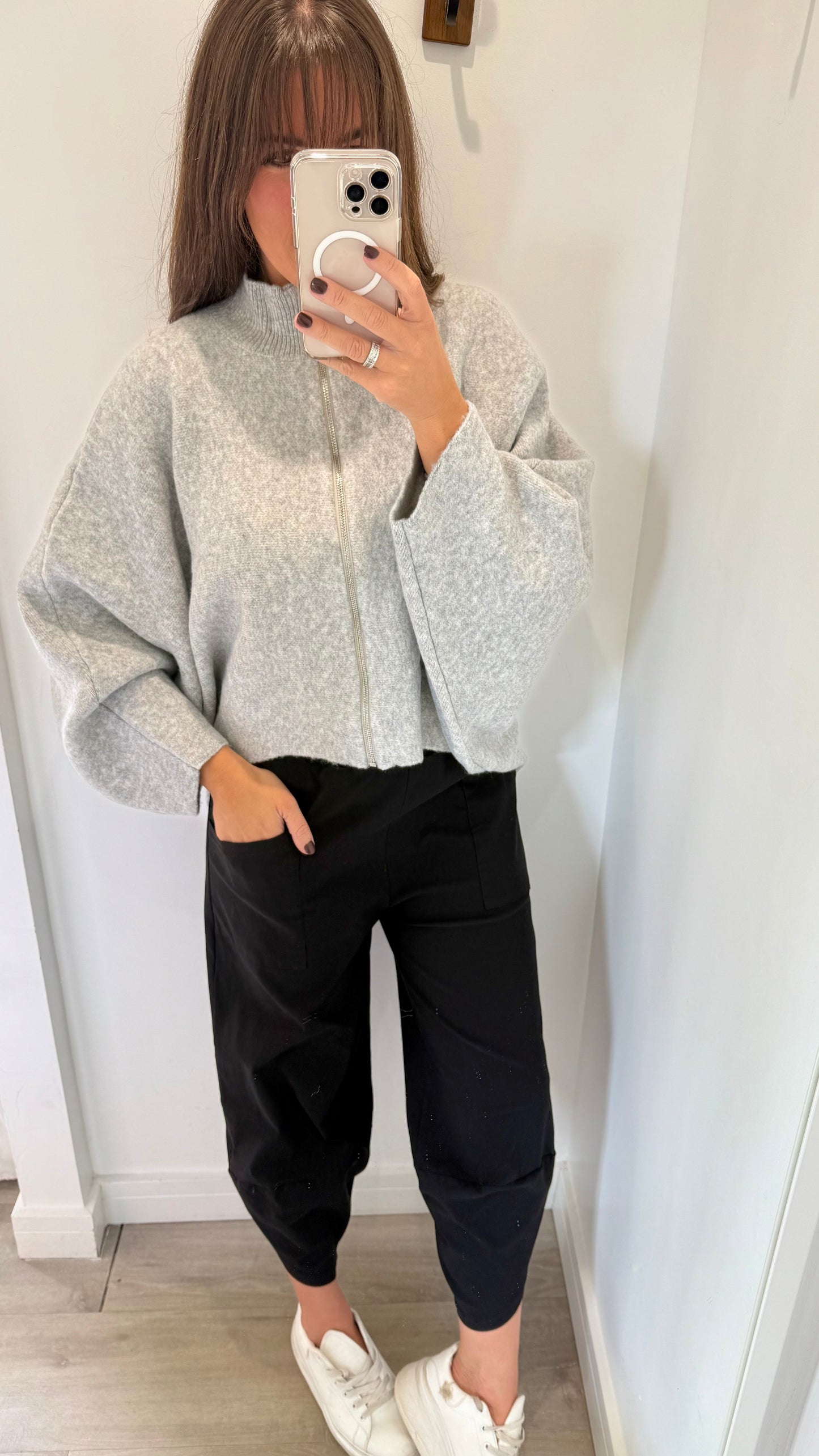 ZIP THROUGH GREY JUMPER/CARDIGAN - BATWING SLEEVE