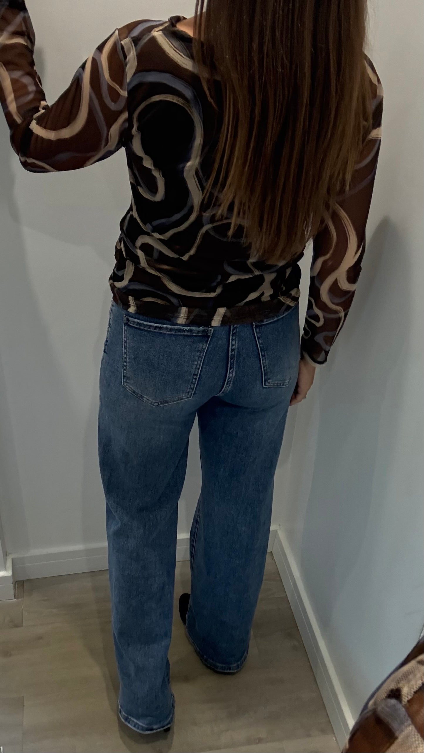 SWIRL MESH COWL NECK TOP