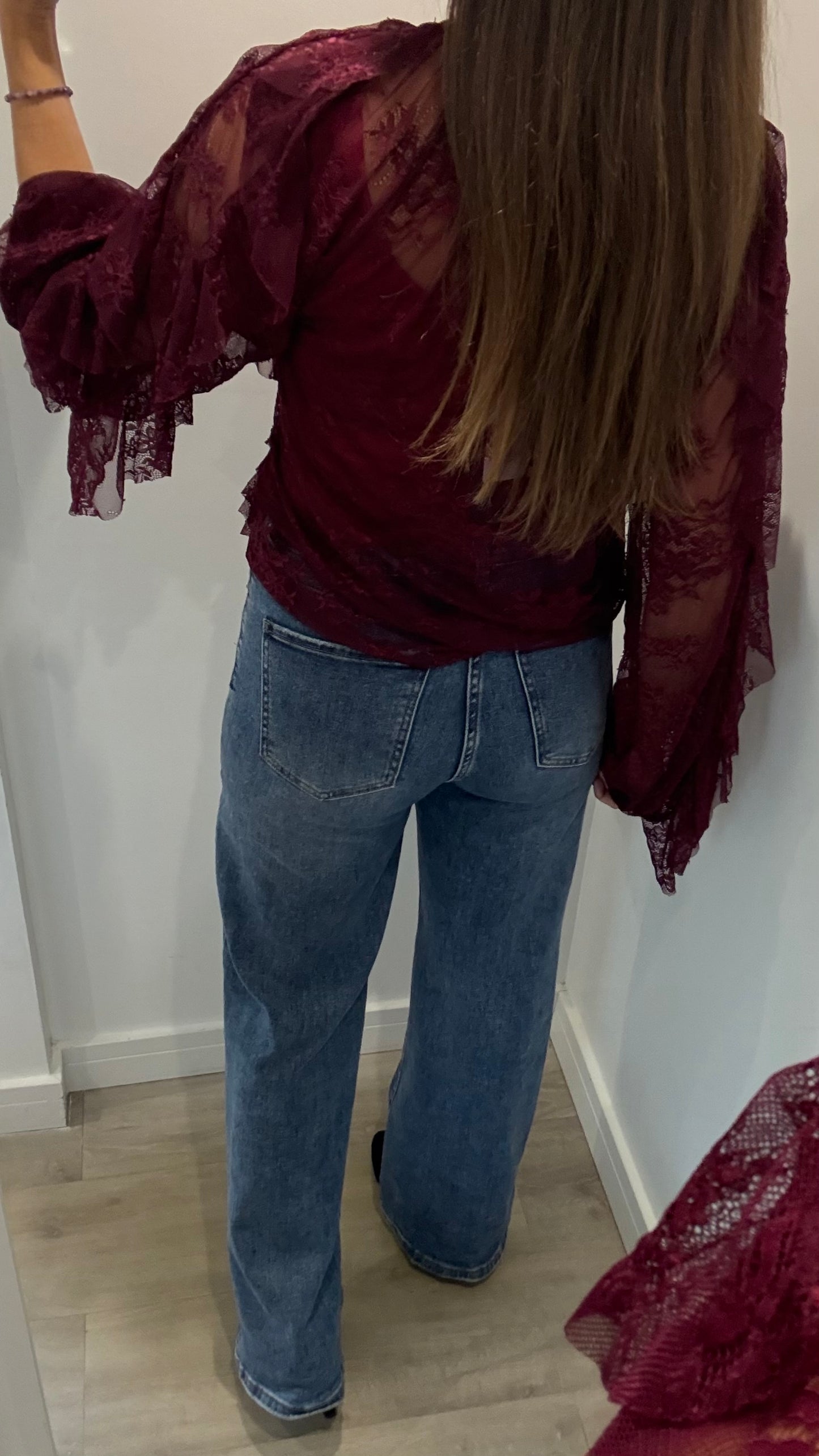 WINE LACE LAYERED RUFFLE BLOUSE