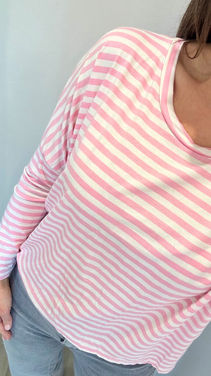 PINK AND WHITE BRETON STRIPE BATWING TOP