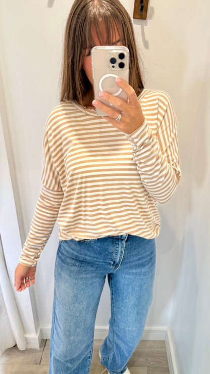 SAND AND WHITE BRETON STRIPE BATWING TOP
