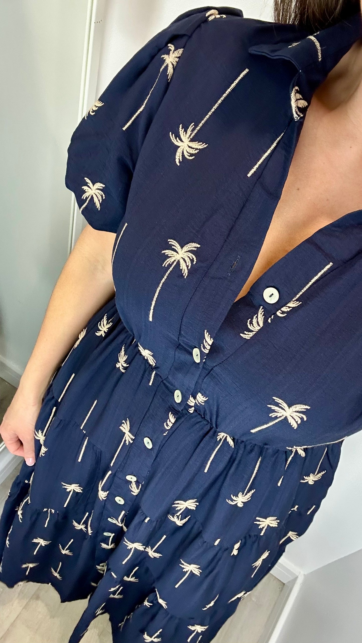 NAVY AND TAN PALM PRINT DRESS