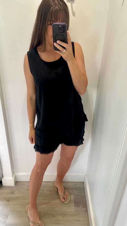 BLACK SLEEVELESS LINEN MIX TOP