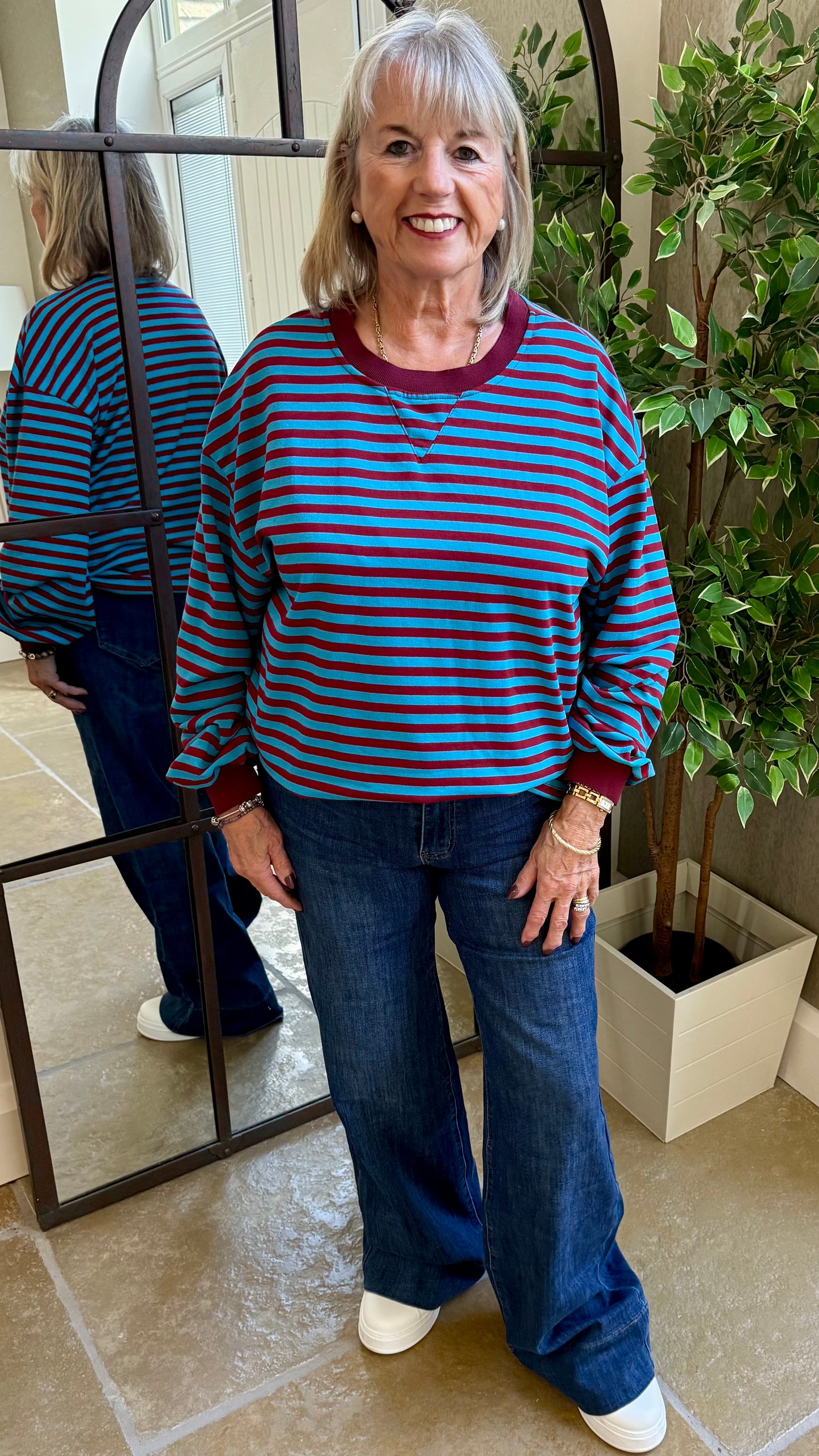 MERLOT AND BLUE STRIPE CREW SWEAT TOP