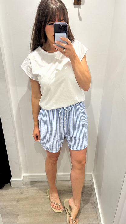 BLUE AND WHITE STRIPE CHEESECLOTH SHORTS
