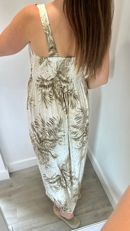 NUDE AND BROWN PALM PRINT MAXI DRESS