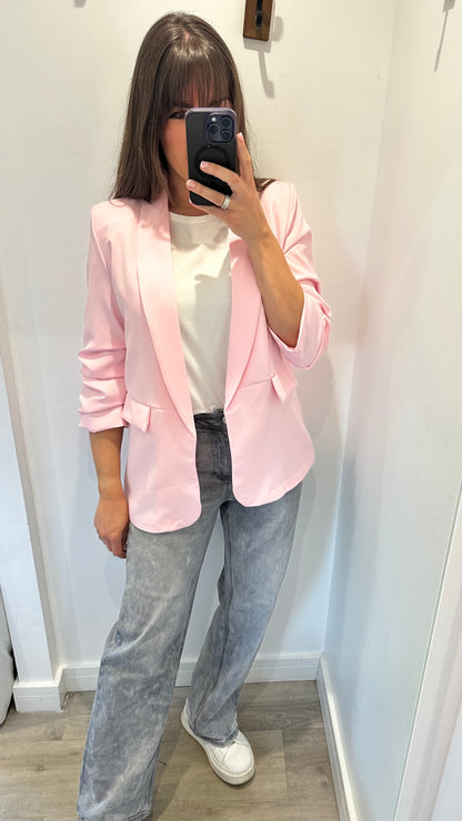 BABY PINK RUCHED SLEEVE BLAZER