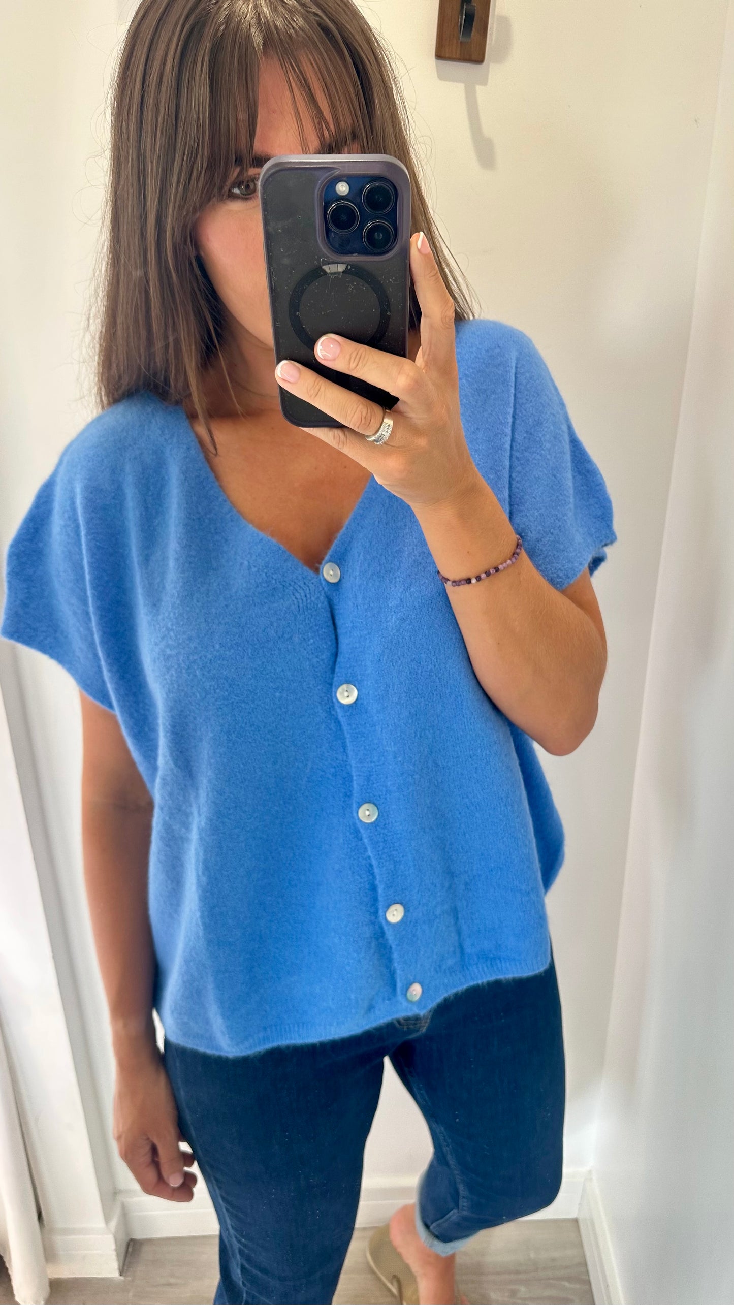 BLUE DEEP V BOXY SLEEVELESS CARDIGAN