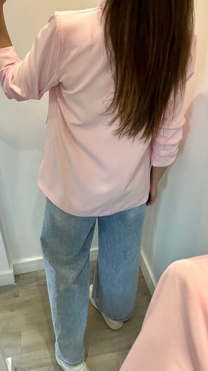 BABY PINK RUCHED SLEEVE BLAZER