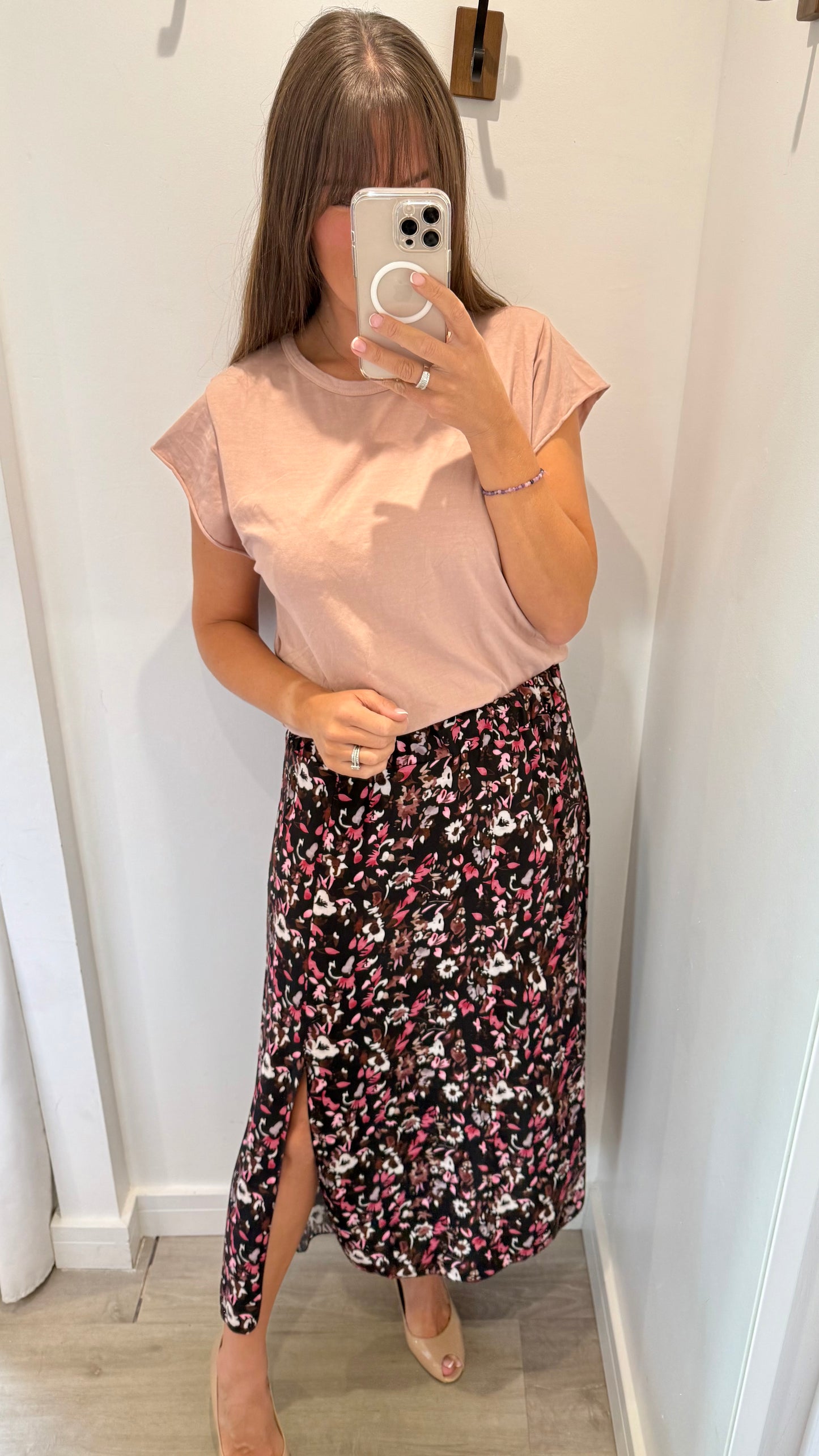 FLORAL PRINT MIDI SKIRT - BLACK WITH BLUSH AND NUDE