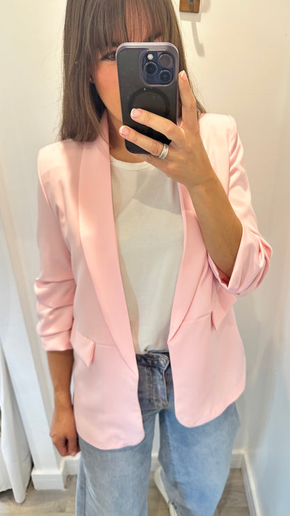 BABY PINK RUCHED SLEEVE BLAZER