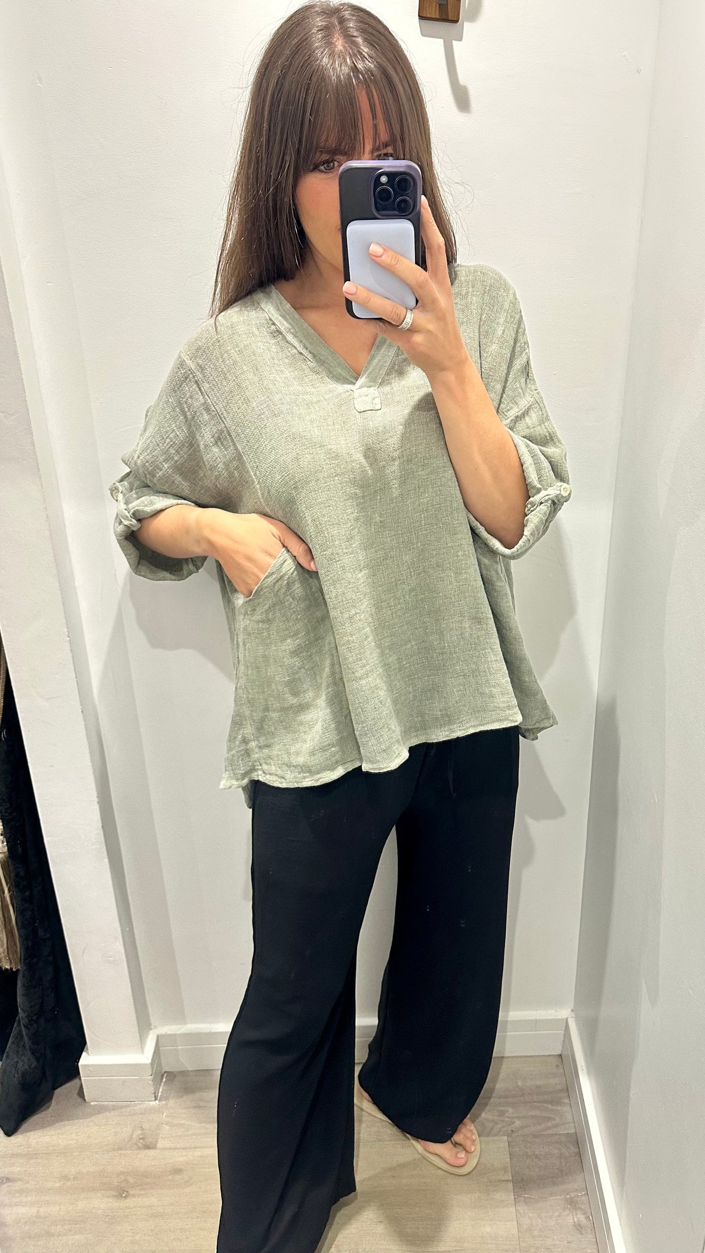 KHAKI LINEN MIX V NECK TEABAG TOP