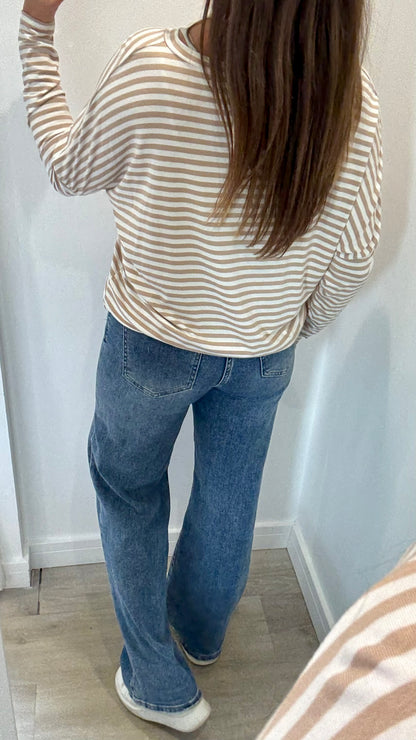 SAND AND WHITE BRETON STRIPE BATWING TOP