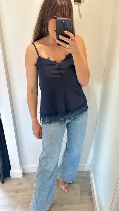MIDNIGHT BLUE LACE DETAIL SILK CAMI TOP