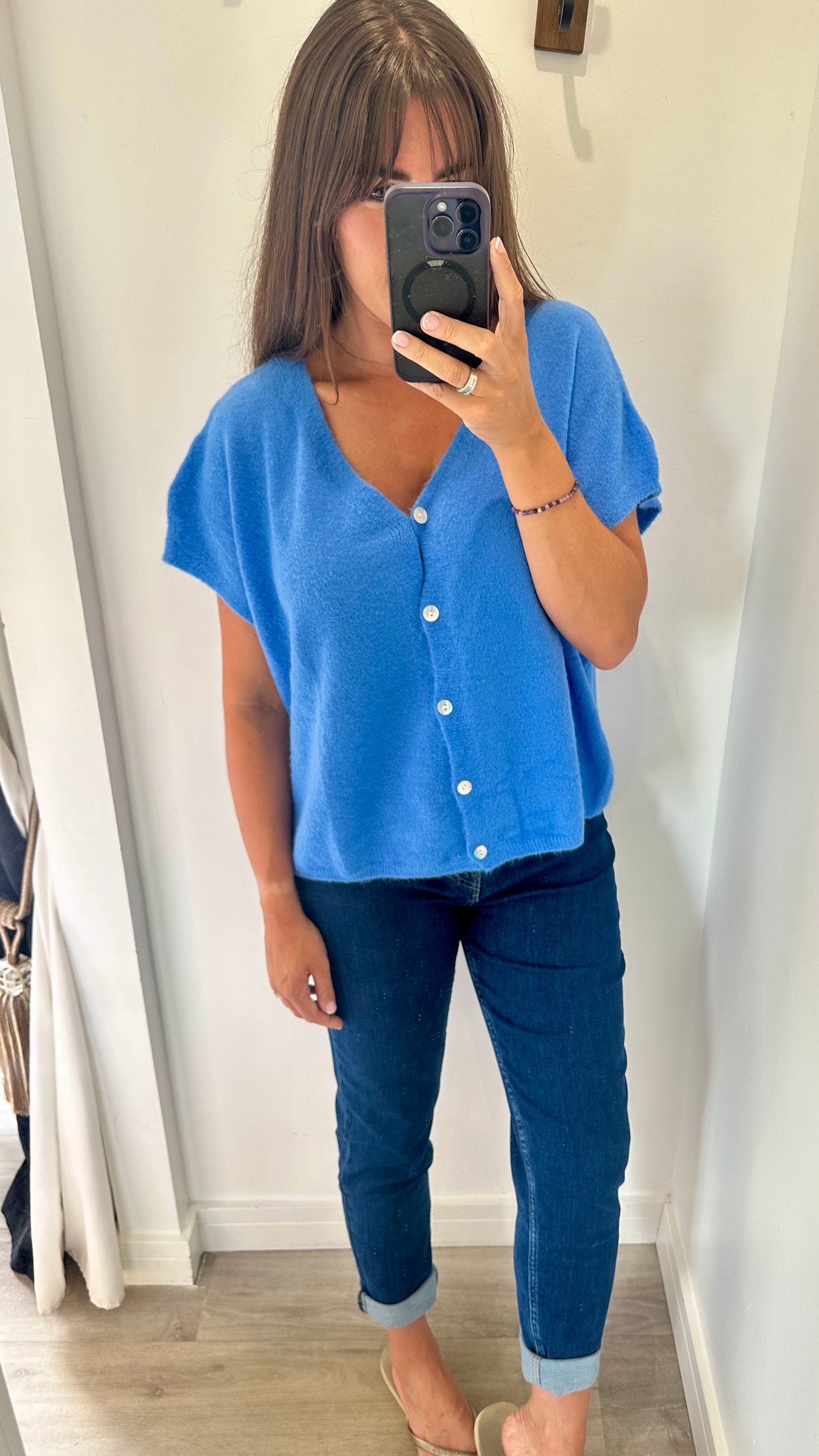 BLUE DEEP V BOXY SLEEVELESS CARDIGAN