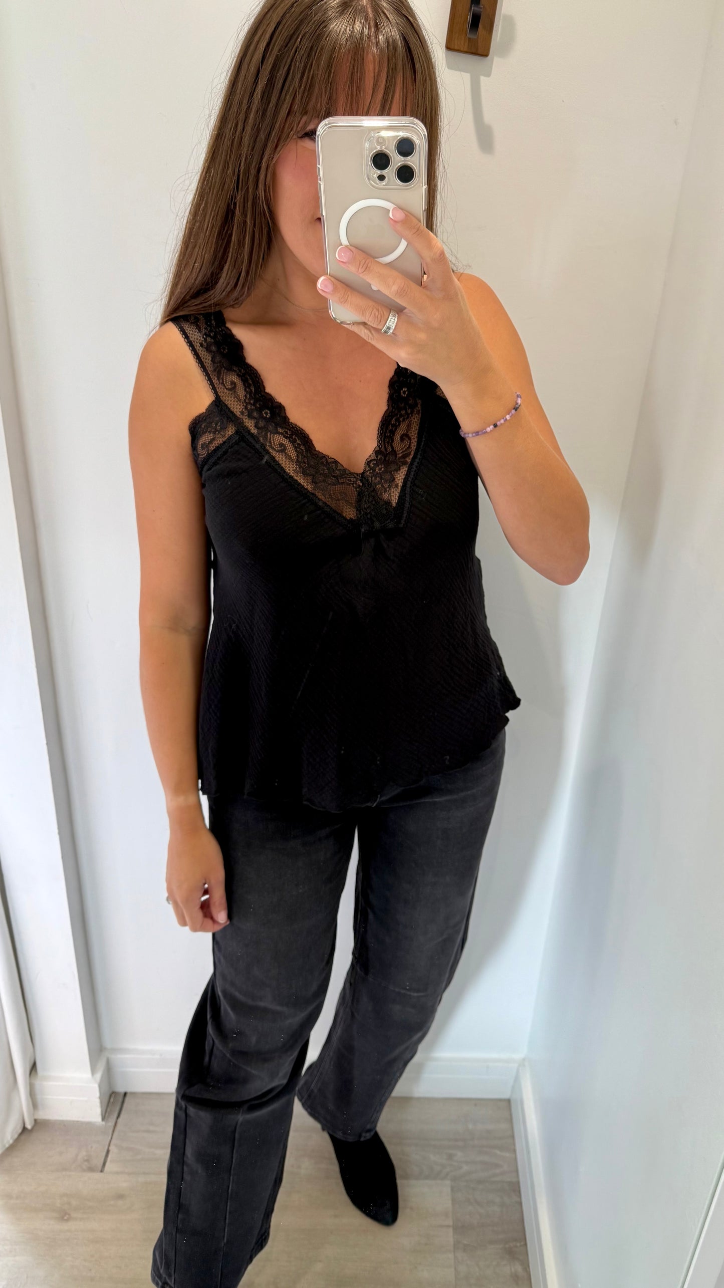 BLACK CHEESECLOTH LACE-TRIM CAMI VEST TOP
