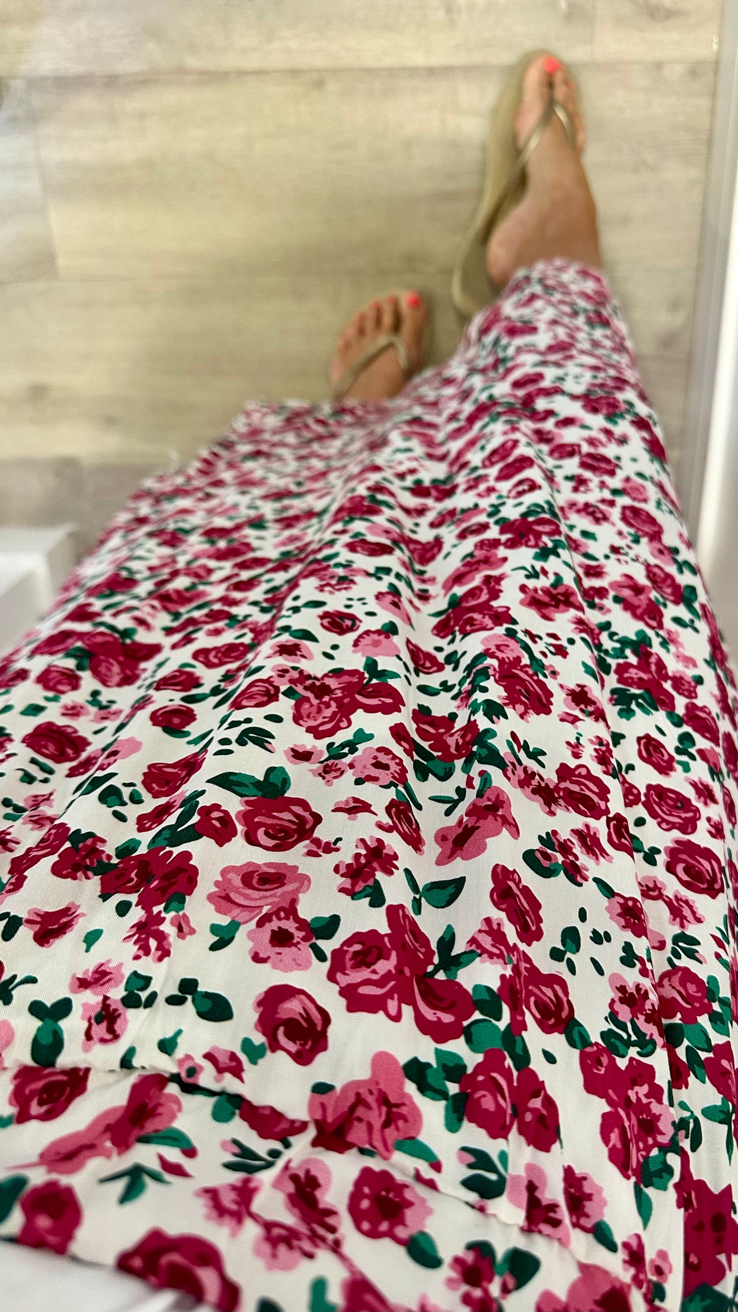 FLORAL PRINT MIDI SKIRT - WHITE WITH GREEN AND PINK