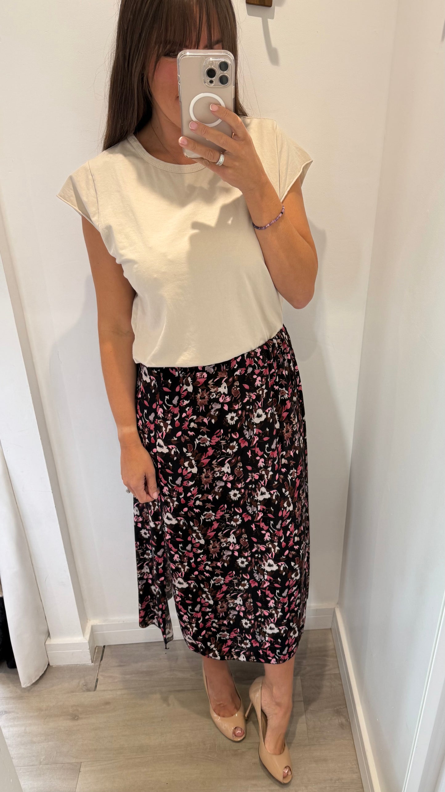 FLORAL PRINT MIDI SKIRT - BLACK WITH BLUSH AND NUDE