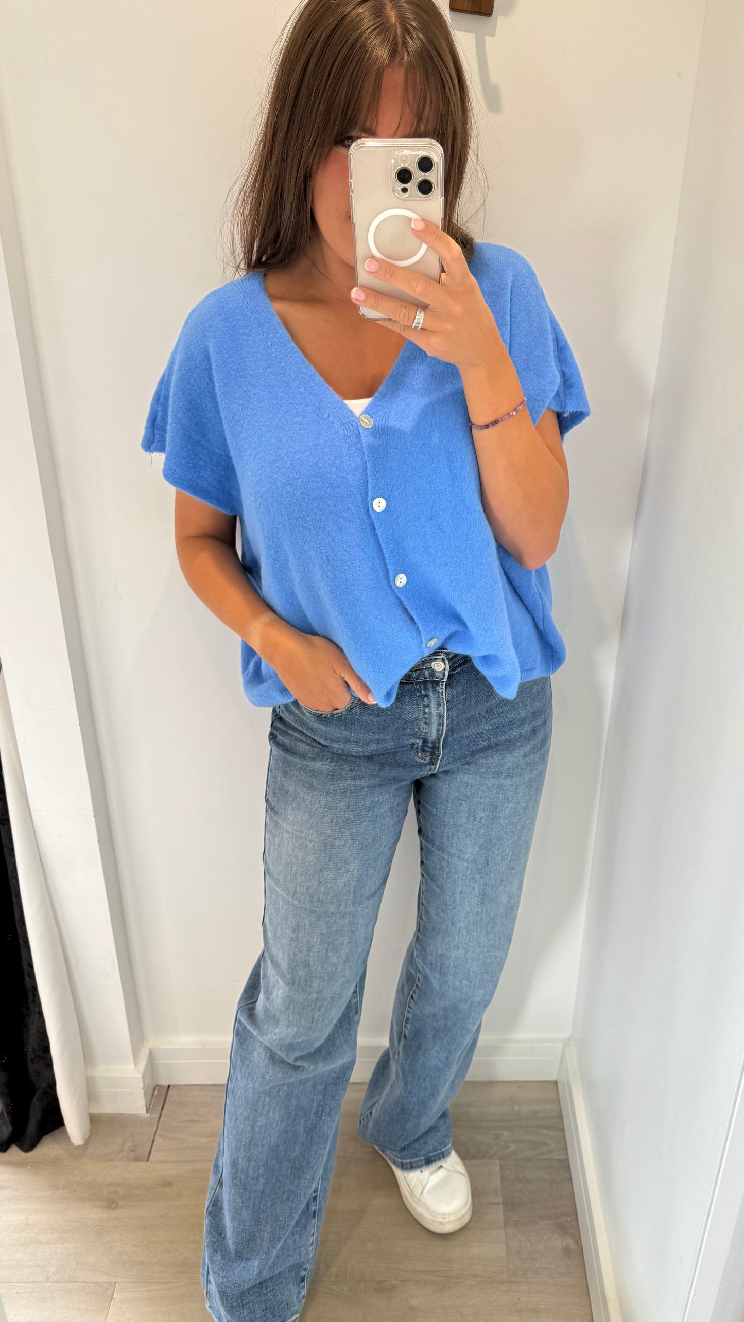 BLUE DEEP V BOXY SLEEVELESS CARDIGAN