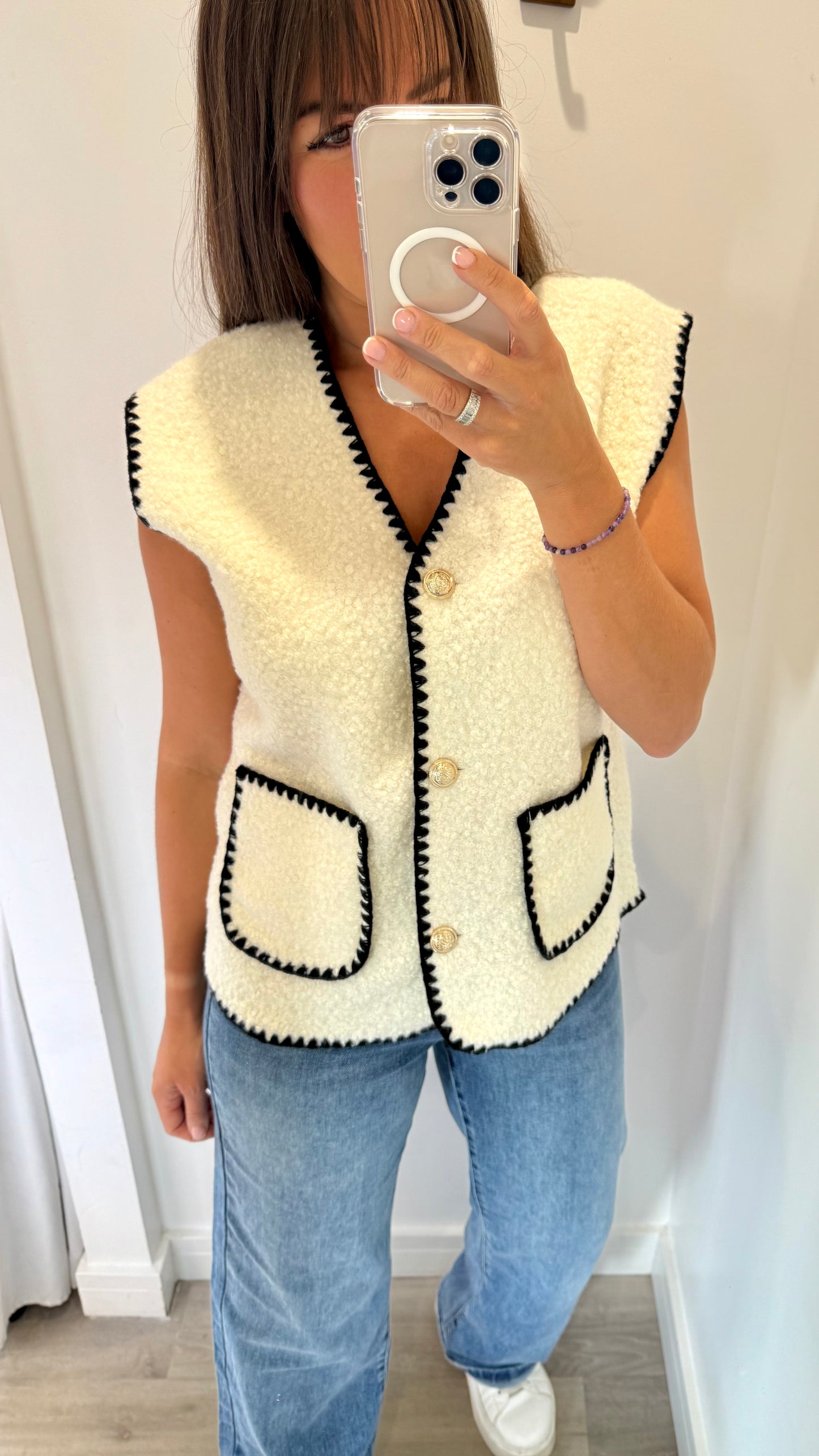 CREAM BOUCLE SLEEVELESS GILET WITH BLACK EDGING