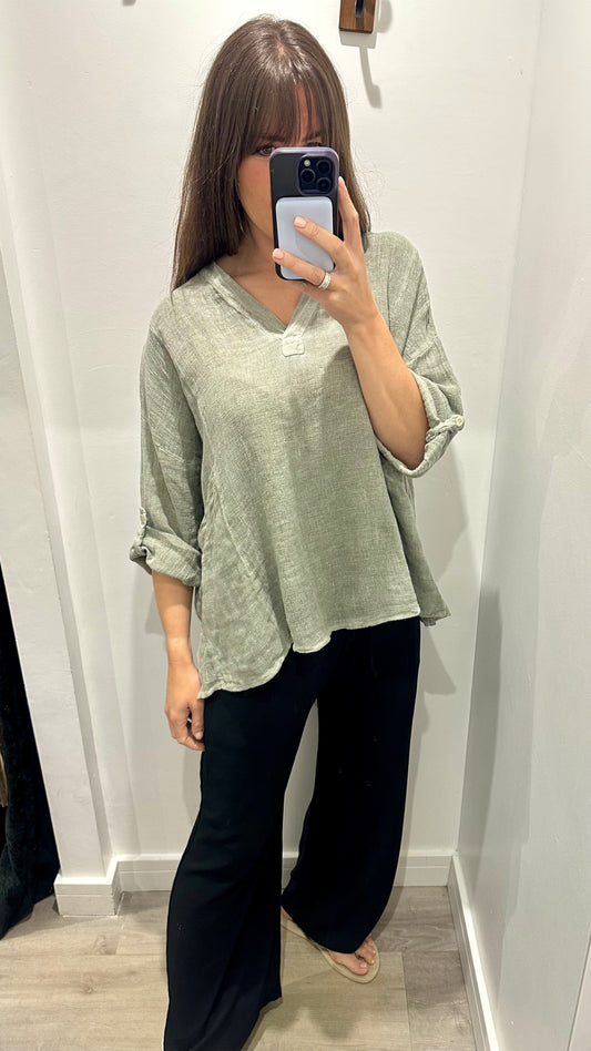 KHAKI LINEN MIX V NECK TEABAG TOP