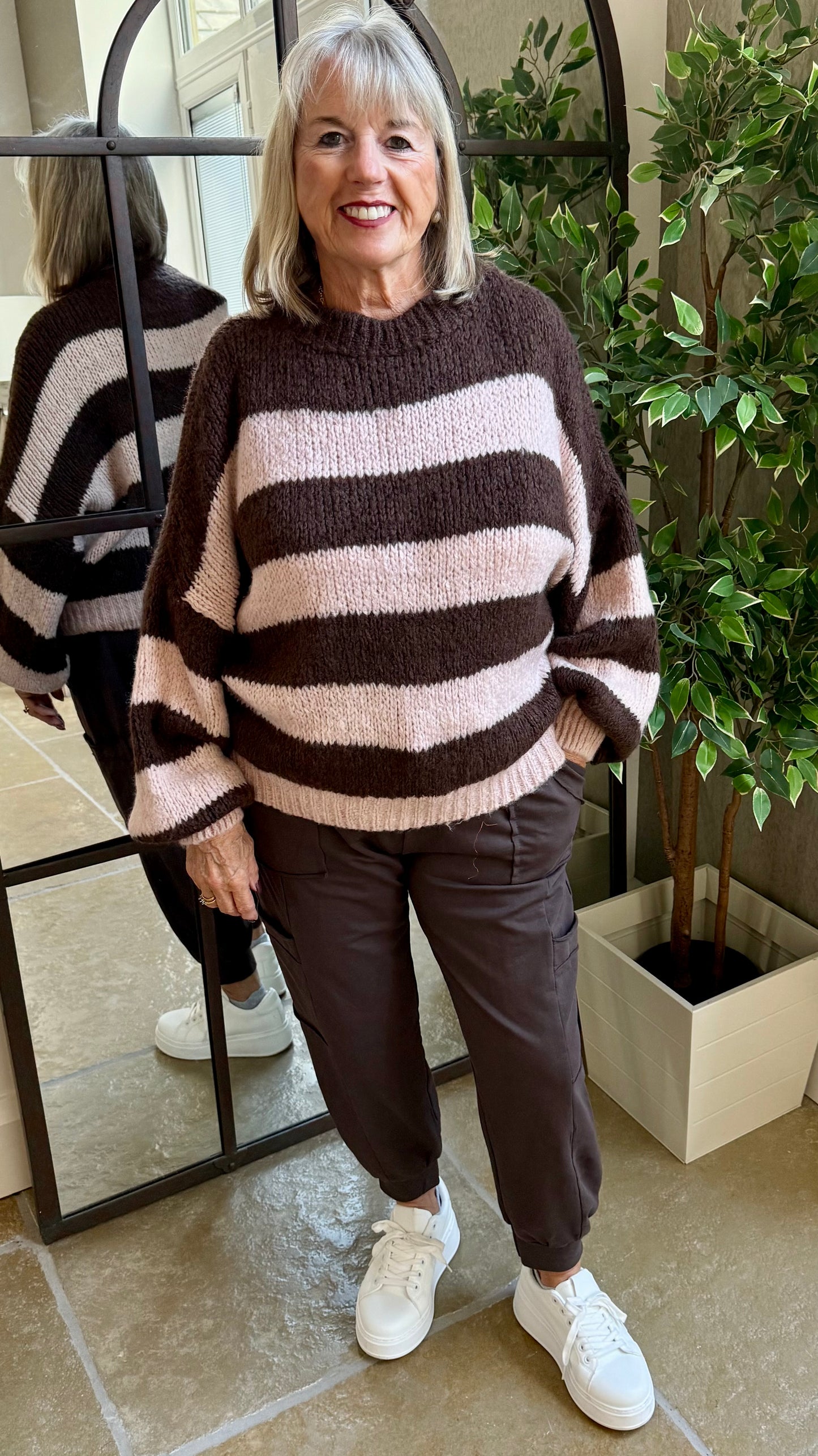 CHOCOLATE AND PALE PINK STRIPE TEXTURED KNIT JUMPER