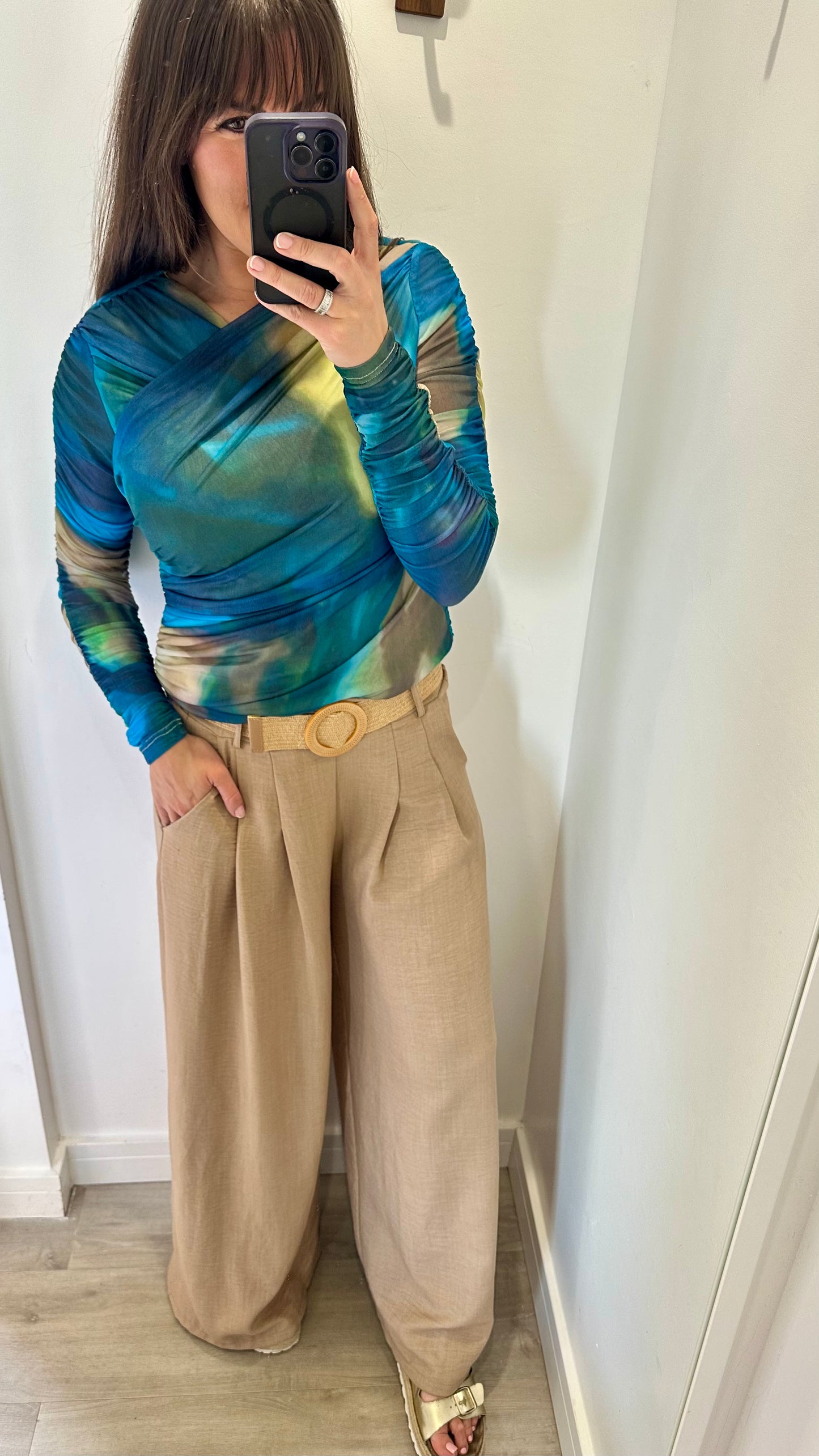 BLUE AND GREEN RUCHED V NECK TIE DYE TOP