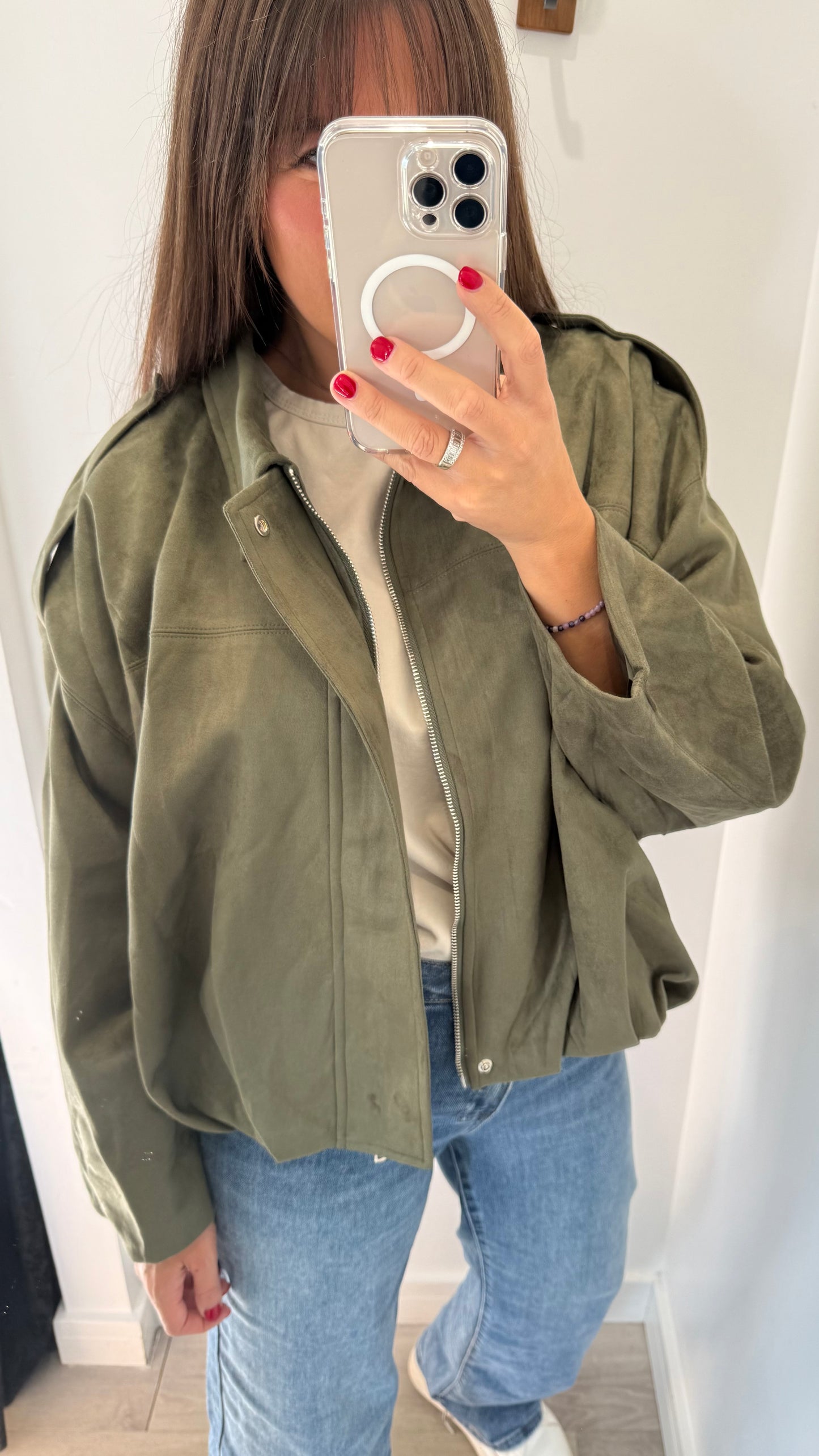 KHAKI SUEDETTE BOMBER JACKET