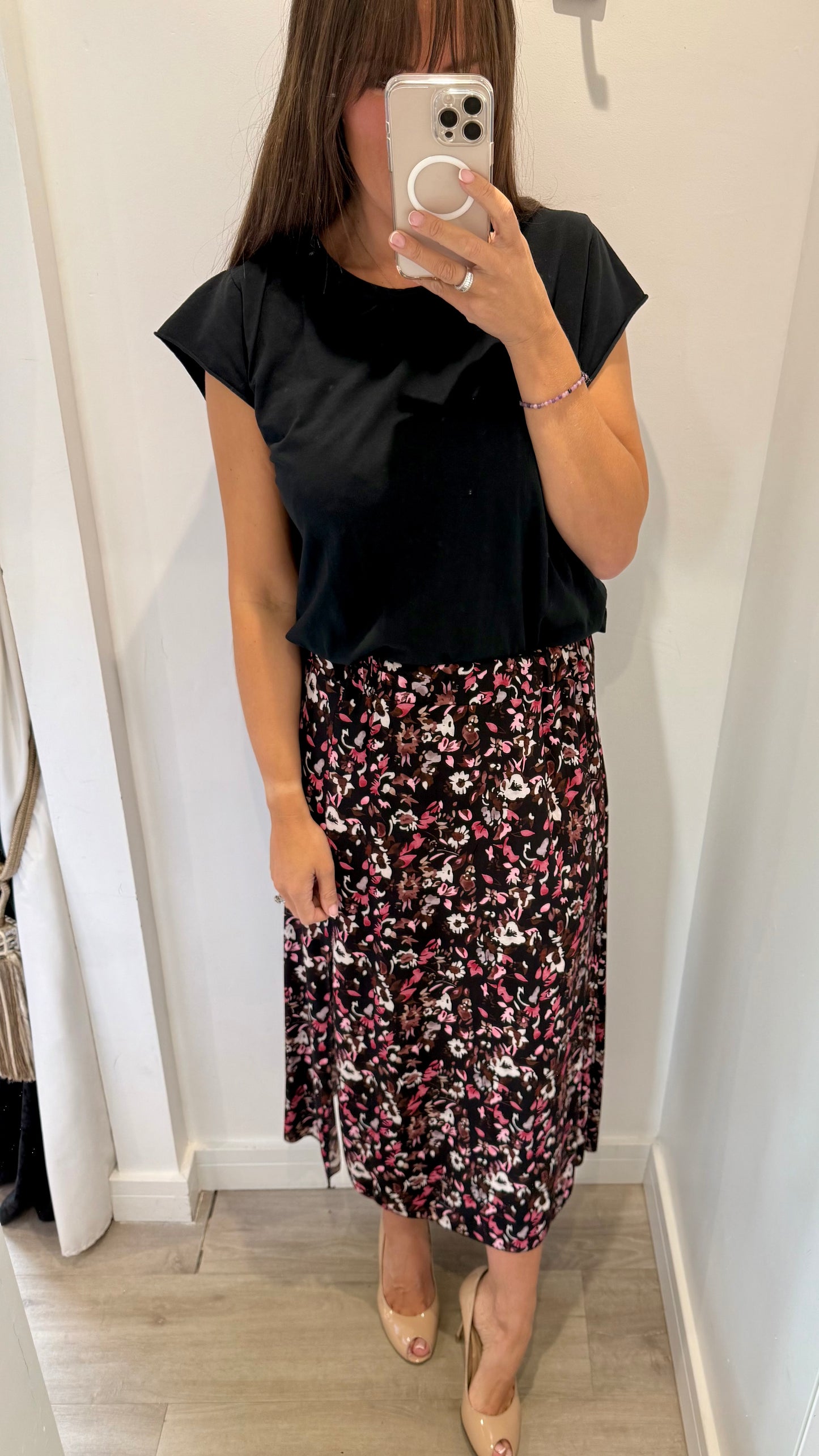 FLORAL PRINT MIDI SKIRT - BLACK WITH BLUSH AND NUDE
