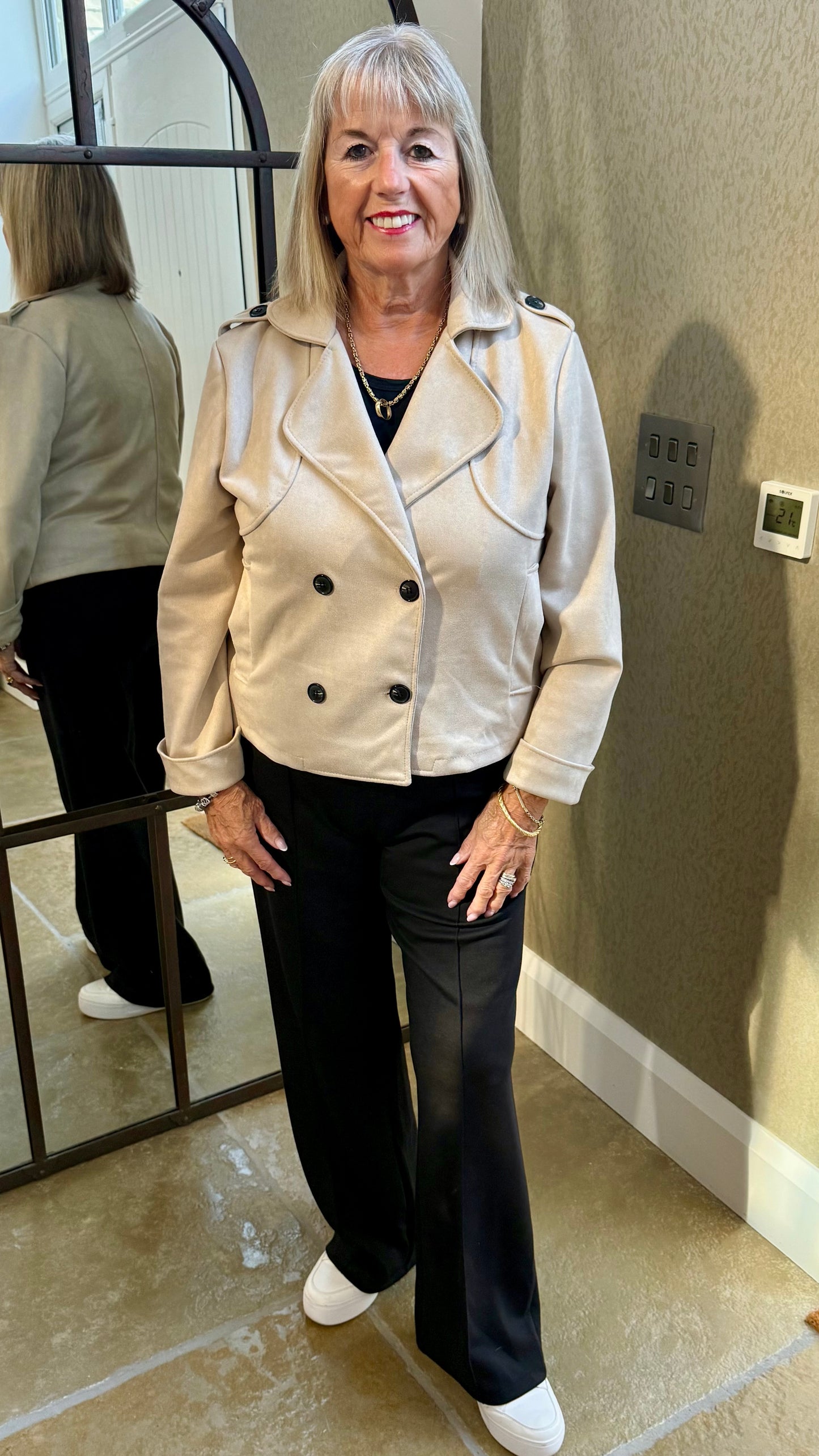 STONE SUEDE-EFFECT BUTTONED JACKET