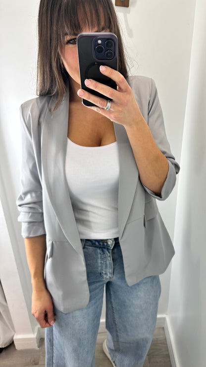 PALE GREY RUCHED SLEEVE BLAZER
