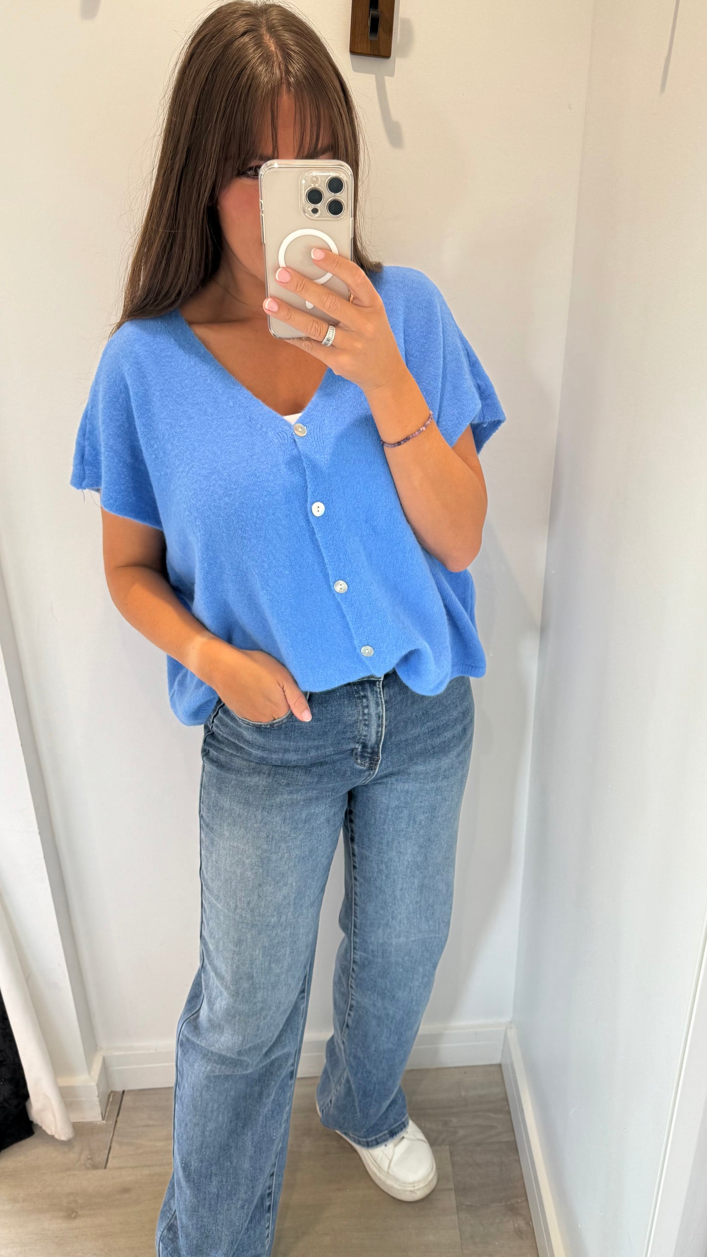 BLUE DEEP V BOXY SLEEVELESS CARDIGAN