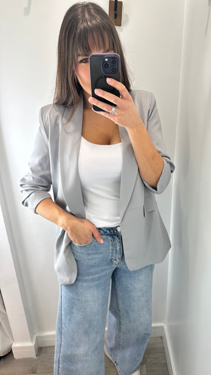 PALE GREY RUCHED SLEEVE BLAZER