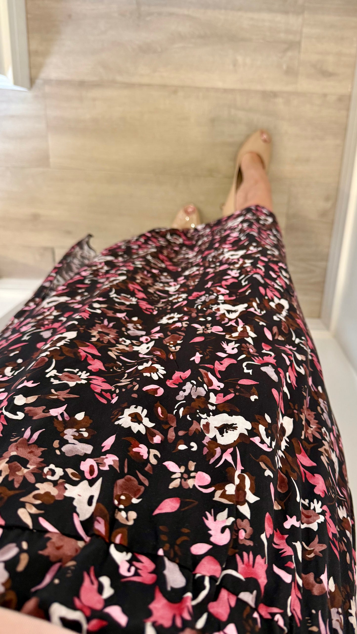 FLORAL PRINT MIDI SKIRT - BLACK WITH BLUSH AND NUDE