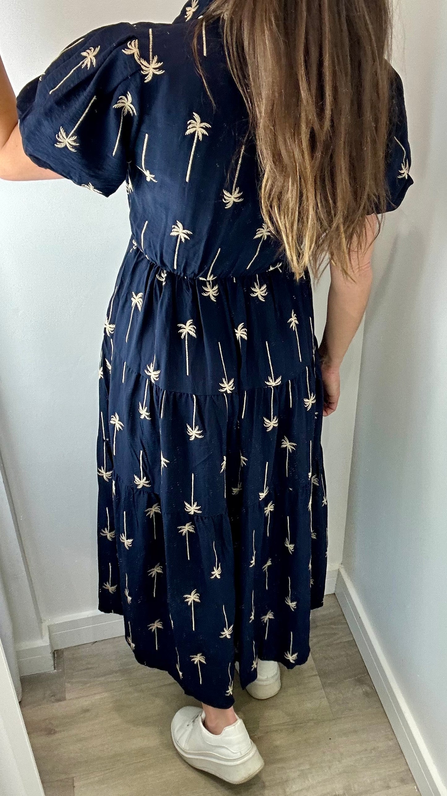 NAVY AND TAN PALM PRINT DRESS