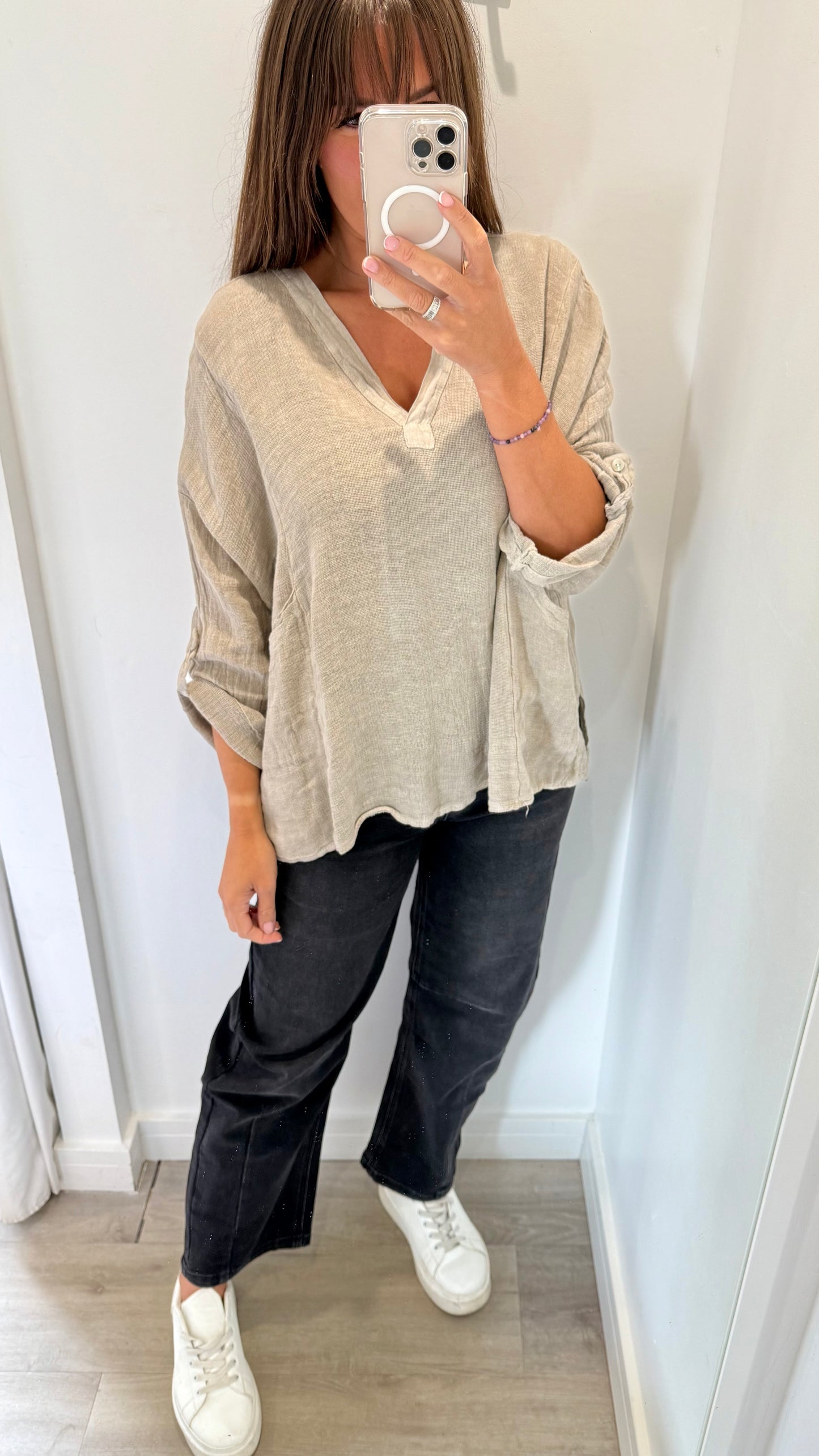 STONE LINEN MIX V NECK TEABAG TOP